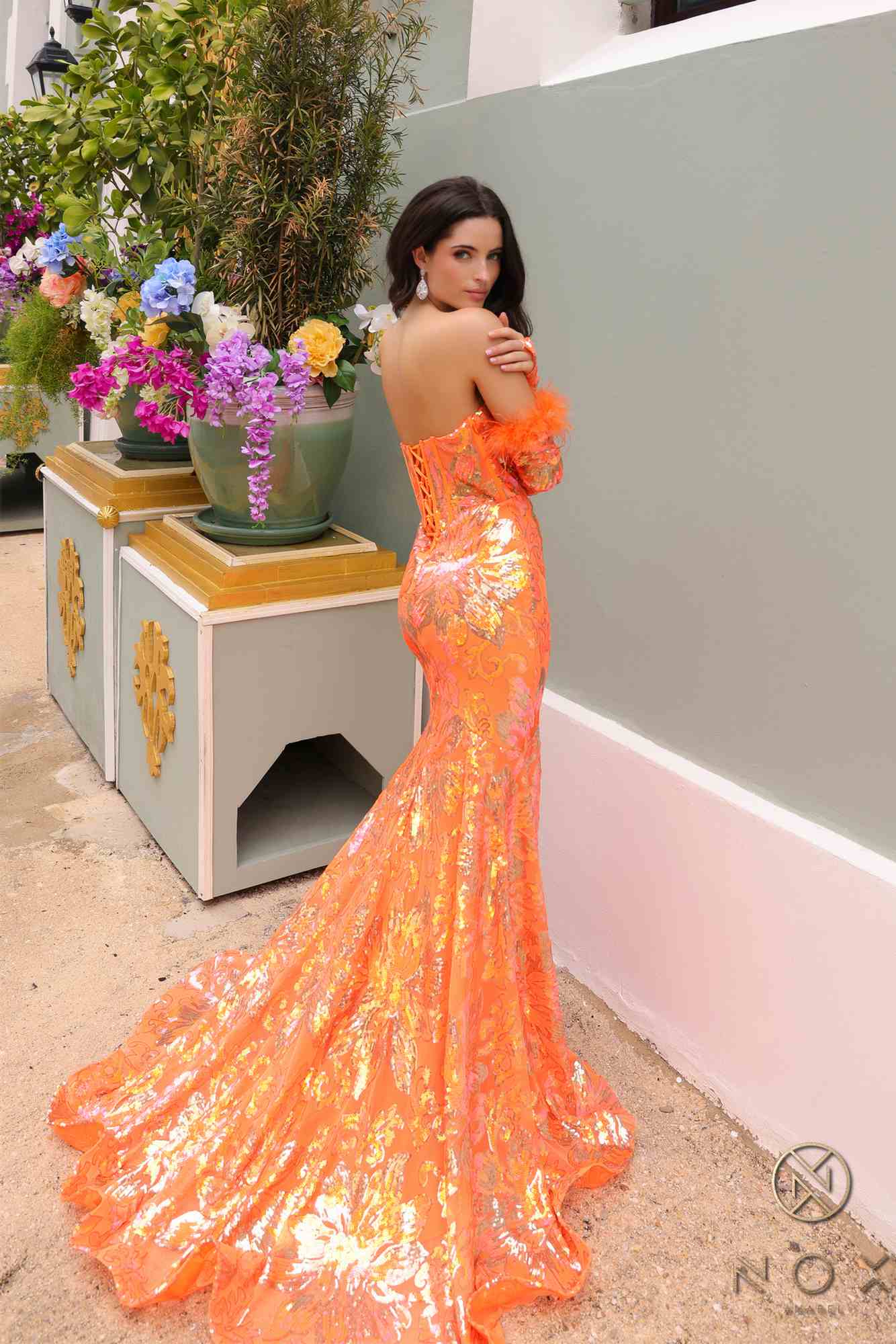 Nox Anabel D1269 Detachable Long Sleeves Floral Sequin Mermaid Gown