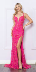 Nox Anabel D1355 Long Fitted Sequin Gown V-Neck Sweep Train