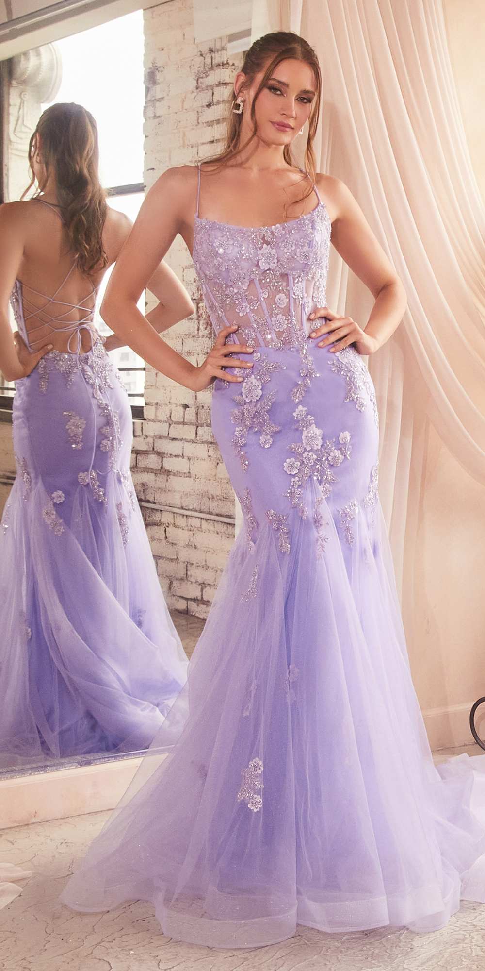 Ladivine D145 Long Sparkly Mermaid Gown Tulle Skirt Corset Back