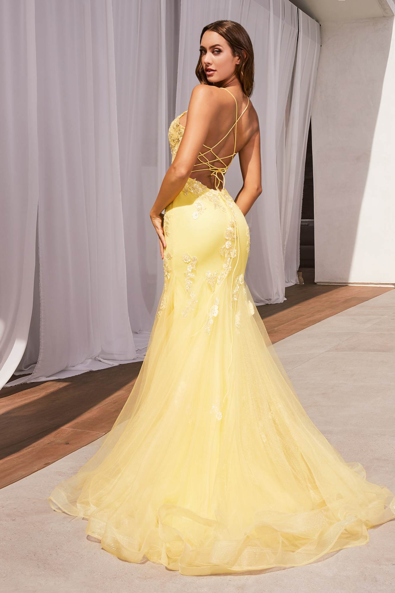 Ladivine D145 Long Sparkly Mermaid Gown Tulle Skirt Corset Back
