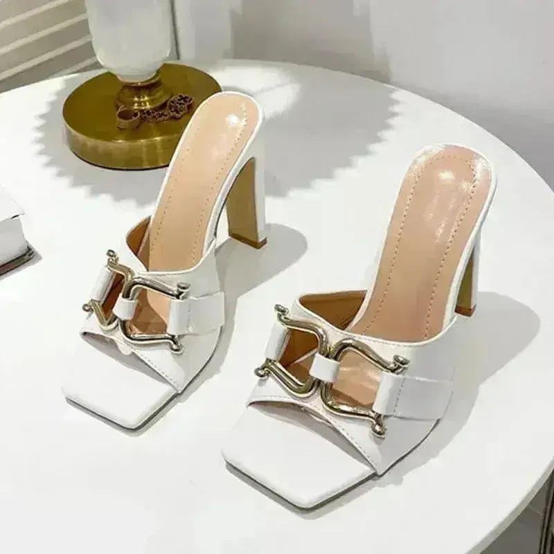 Summer New High-Heeled Women's Shoes Square Head Square Flat With Meta