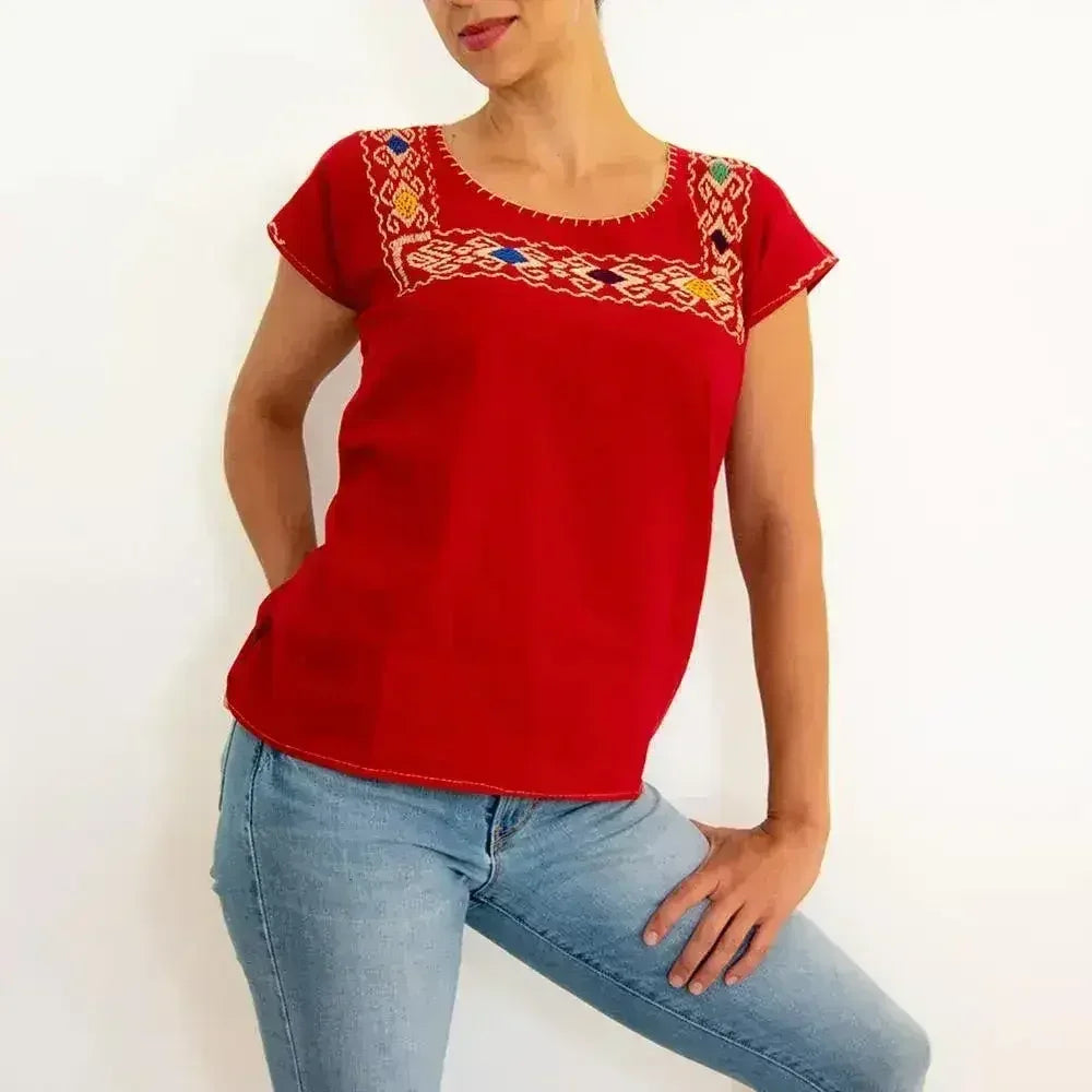 Red Blouse Huipil with Colorful Hand Stitched on