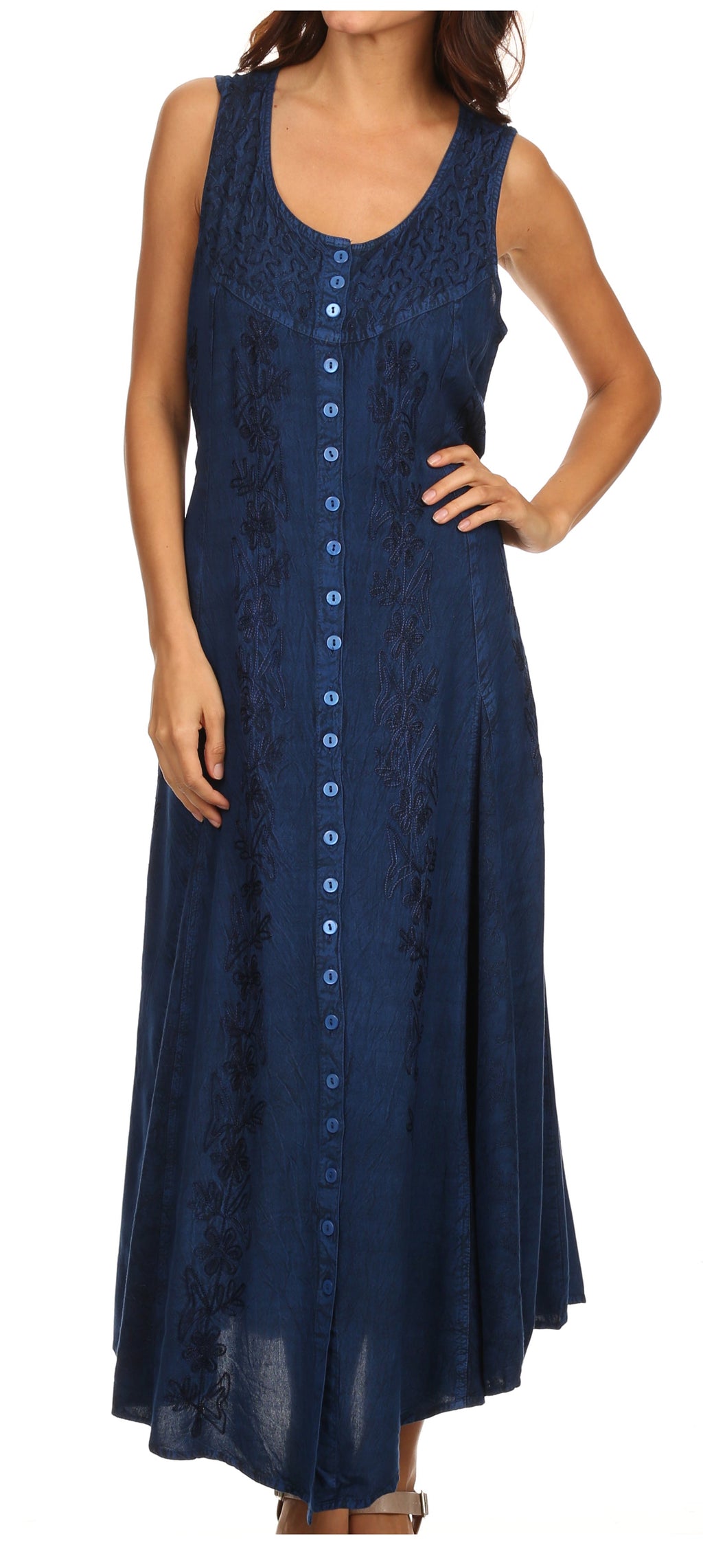 Sakkas Maya Floral Embroidered Sleeveless Button Up Rayon Dress