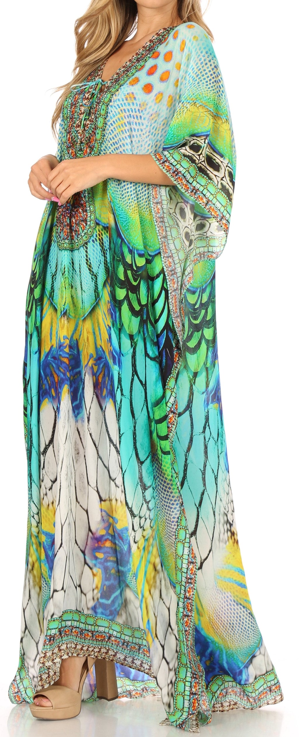 Sakkas Milanna Women's V neck Short Sleeve Vibrant Print Caftan Dress Cover-up