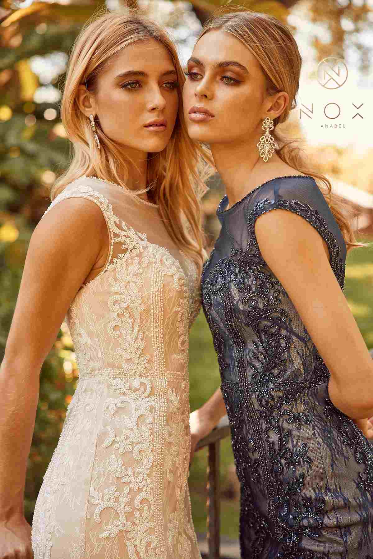 Nox Anabel E1006 Fitted Sheath Formal Lace Dress with Illusion Neckline