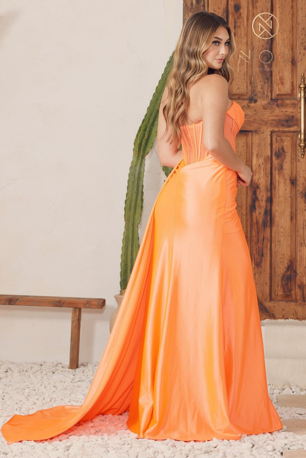 Nox Anabel E1237 Floor Length Satin Cowl Neck Strapless Gown Side Sash