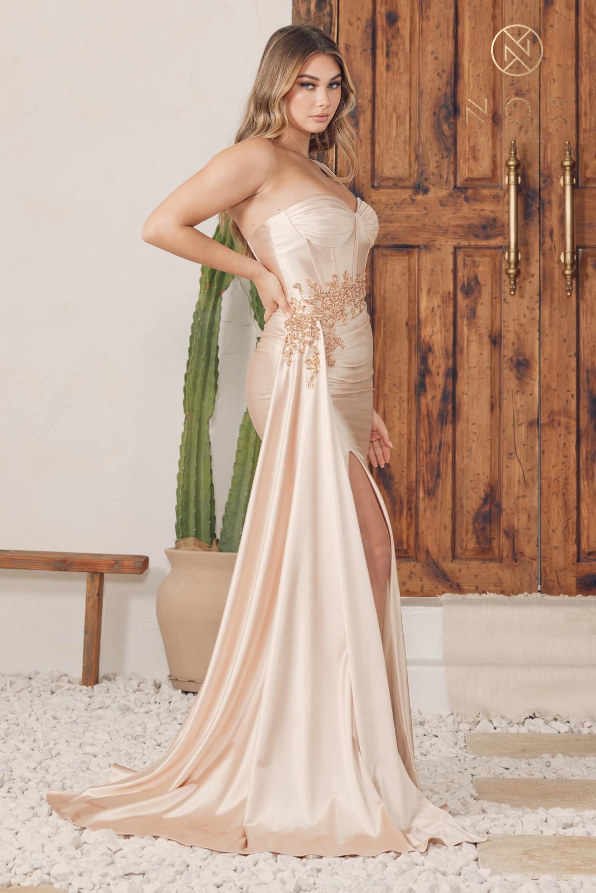 Nox Anabel E1239 Floor Length Satin Gown Side Sash with Leg Slit