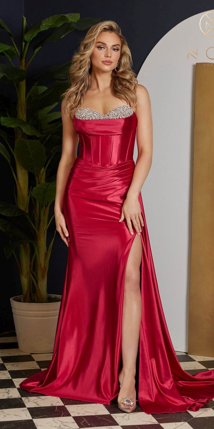 Nox Anabel E1242 Floor Length Fitted Satin Corset Bodice with Slit Gown