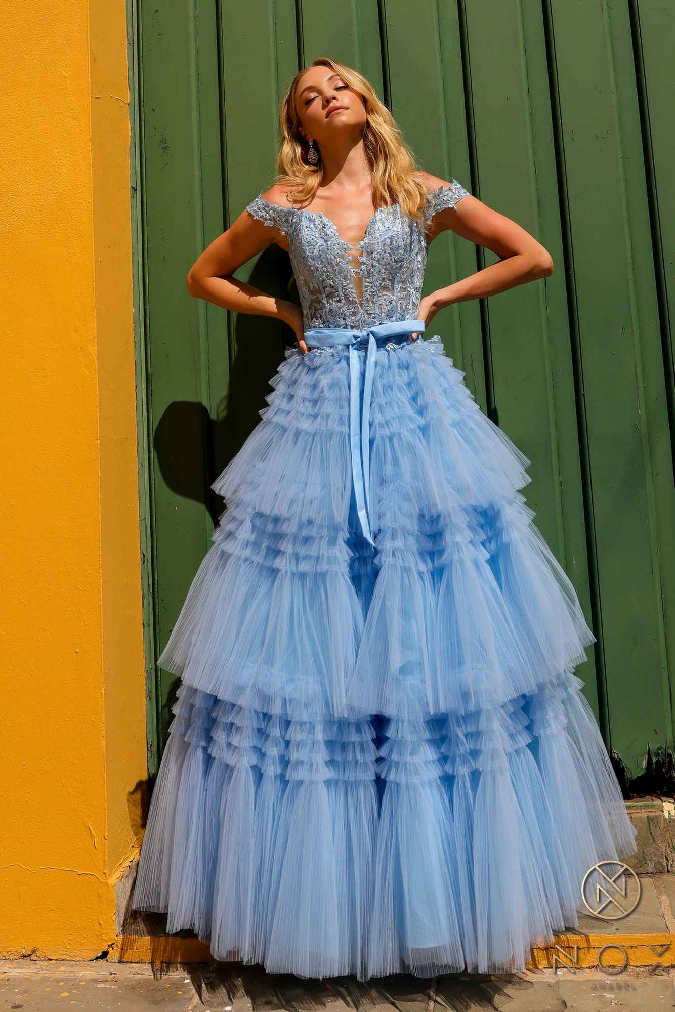 Nox Anabel E1293 Long Off the Shoulder Sweetheart Ruffled Tiered Tulle Gown