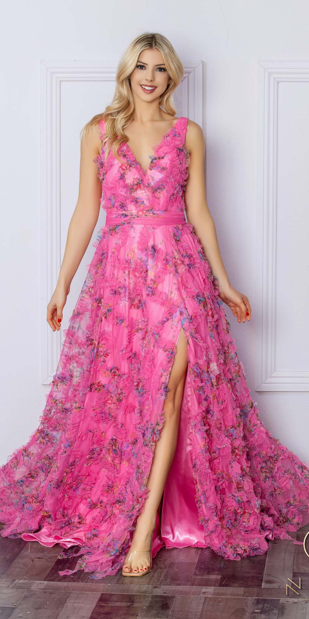 Nox Anabel E1445 Long A-Line V-Neck Floral Print Evening Gown