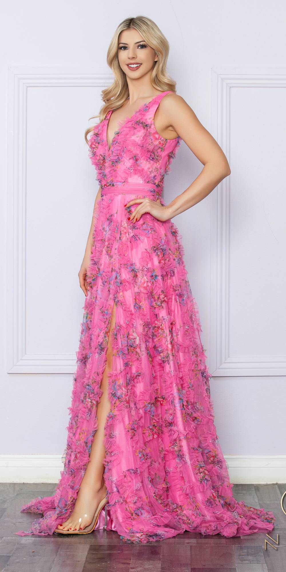 Nox Anabel E1445 Long A-Line V-Neck Floral Print Evening Gown