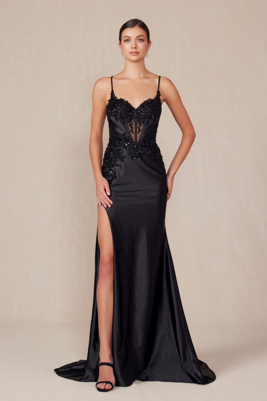 Nox Anabel E1488 Luxurious Shiny Satin Material A Sweetheart Neckline & Slit