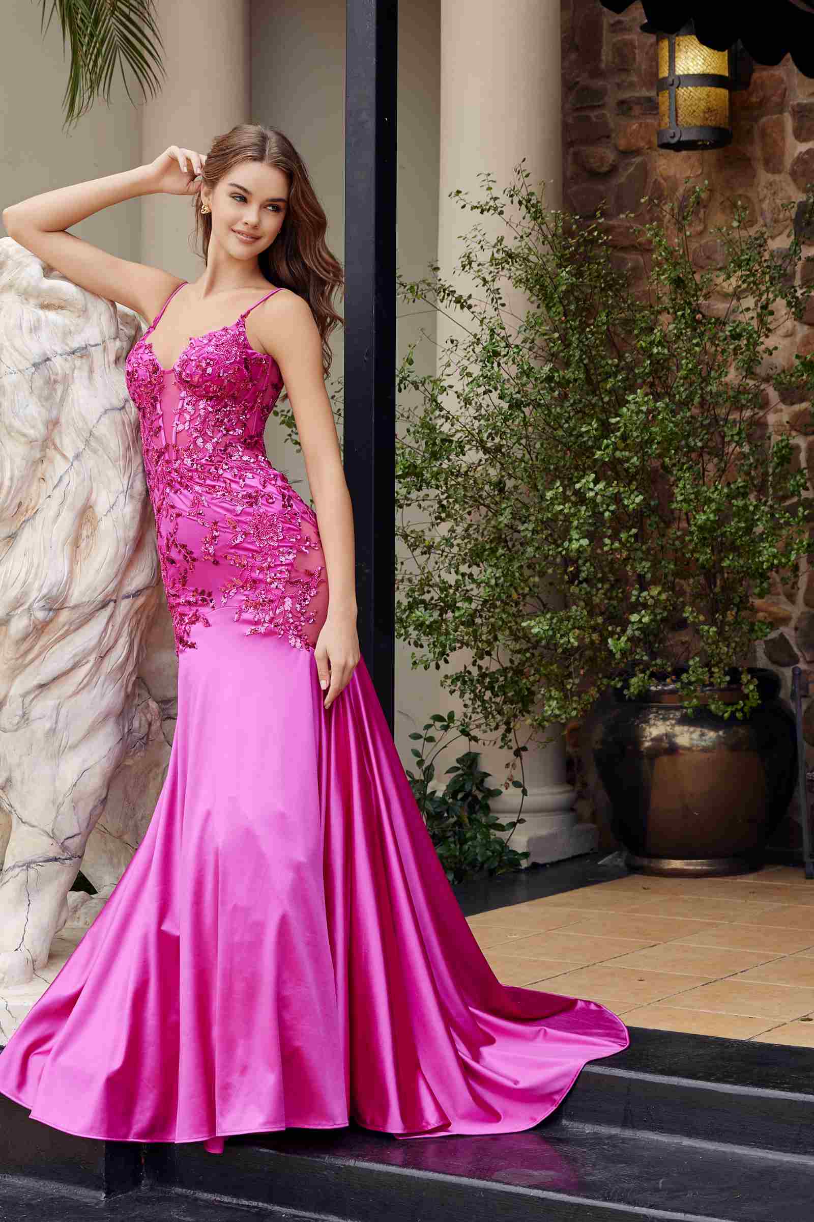 Nox Anabel E1532 Satin Sequin Applique Boned Waist Mermaid Dress