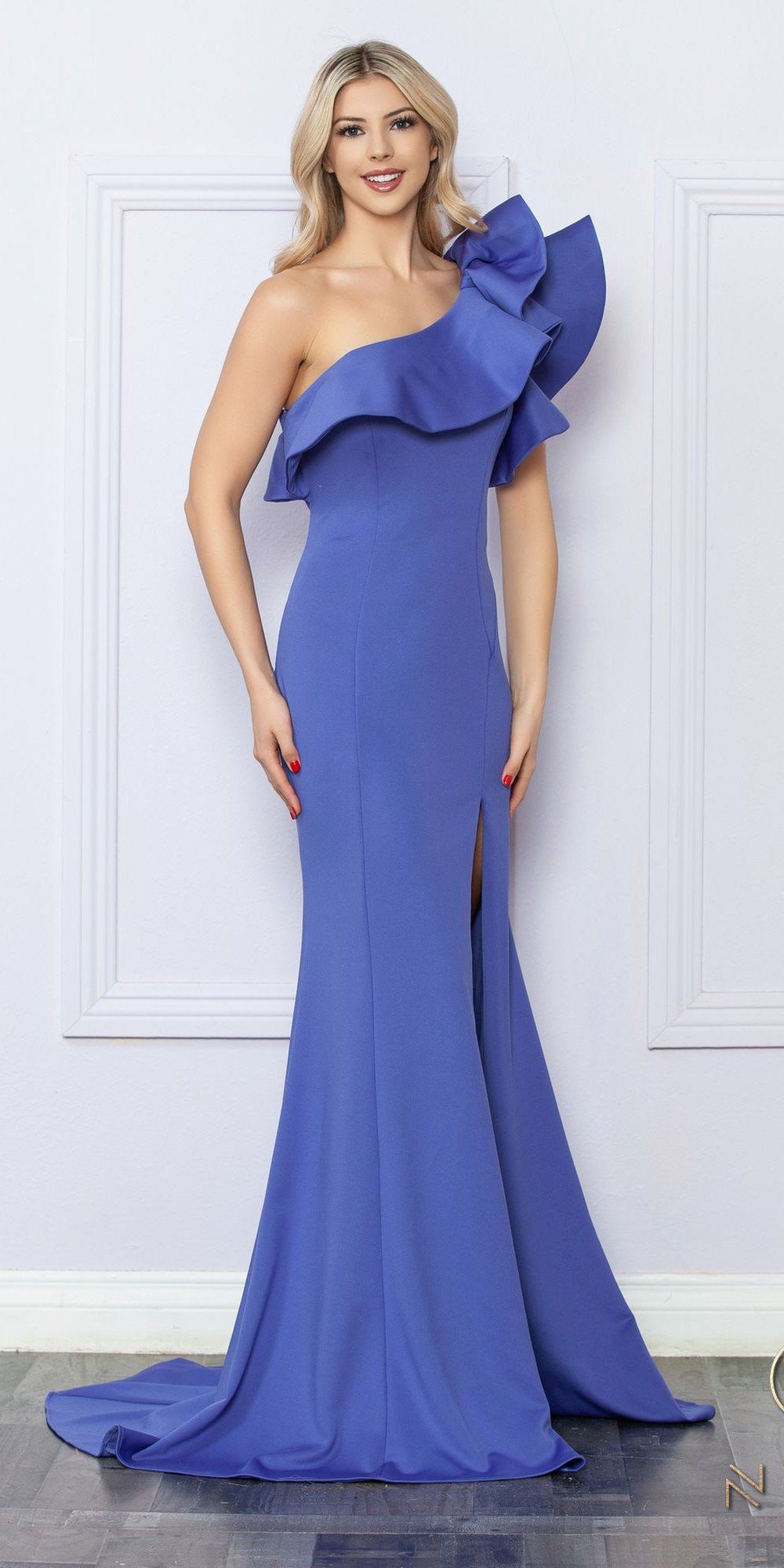 Nox Anabel E467 Long Sheath One Shoulder Ruffle Overlay Strap Gown