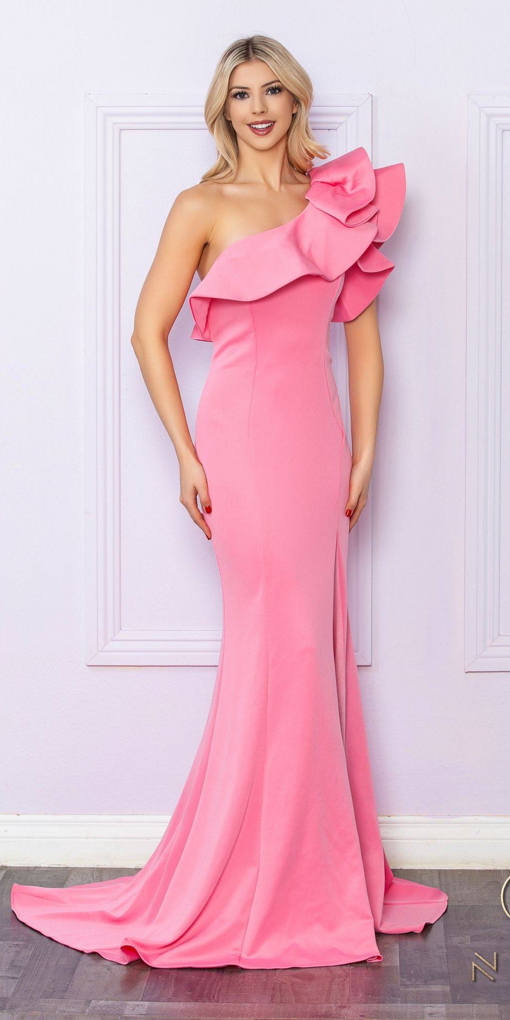 Nox Anabel E467 Long Sheath One Shoulder Ruffle Overlay Strap Gown