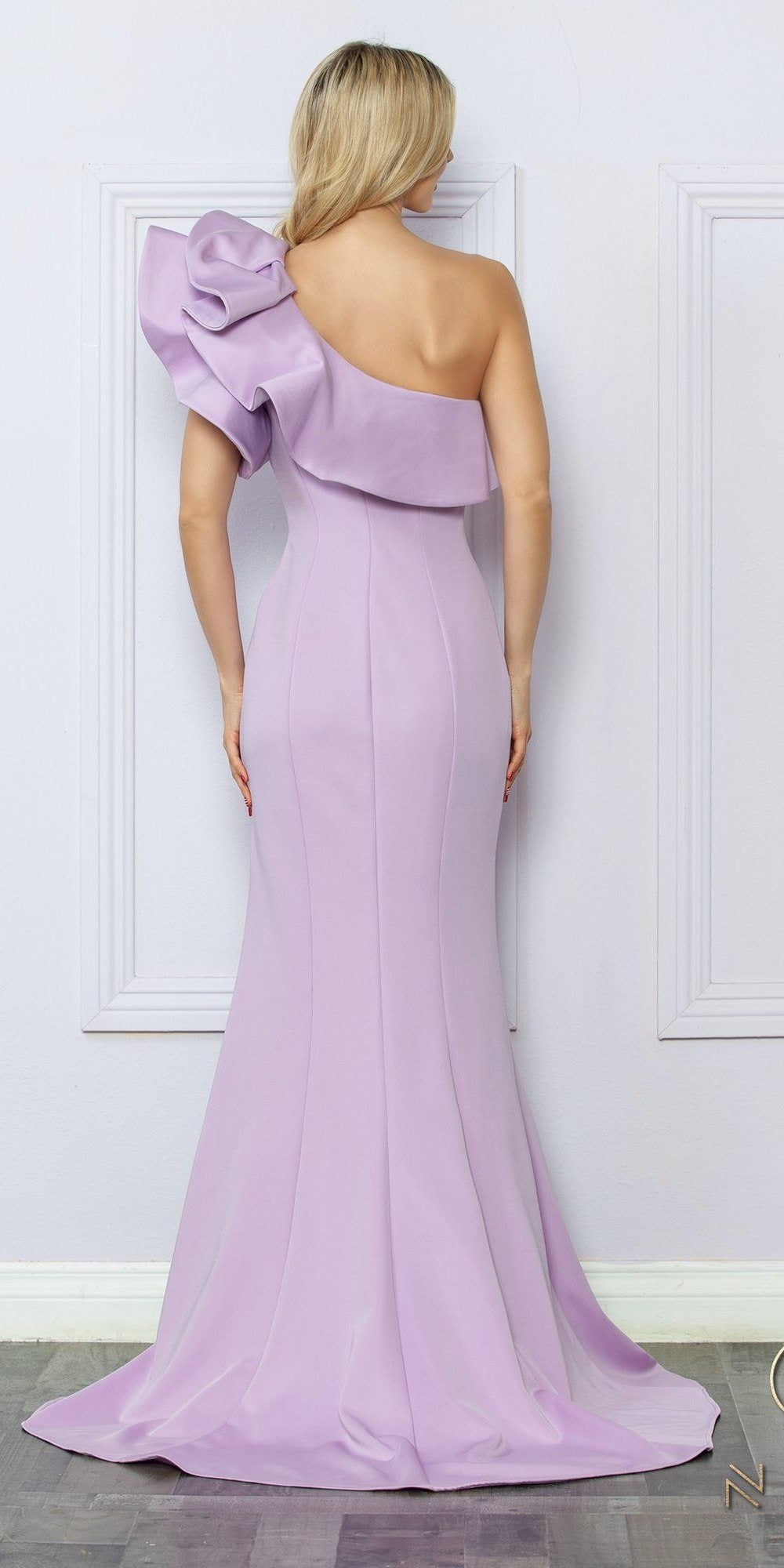 Nox Anabel E467 Long Sheath One Shoulder Ruffle Overlay Strap Gown