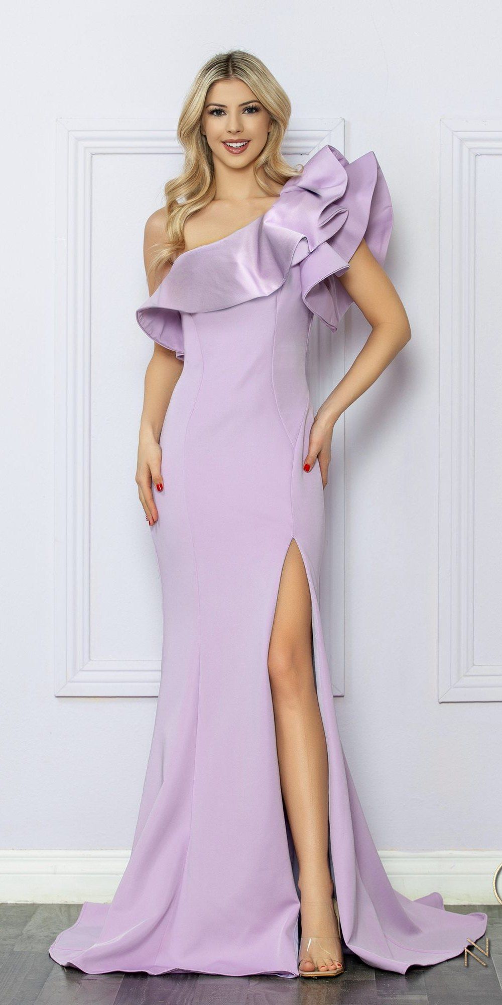 Nox Anabel E467 Long Sheath One Shoulder Ruffle Overlay Strap Gown