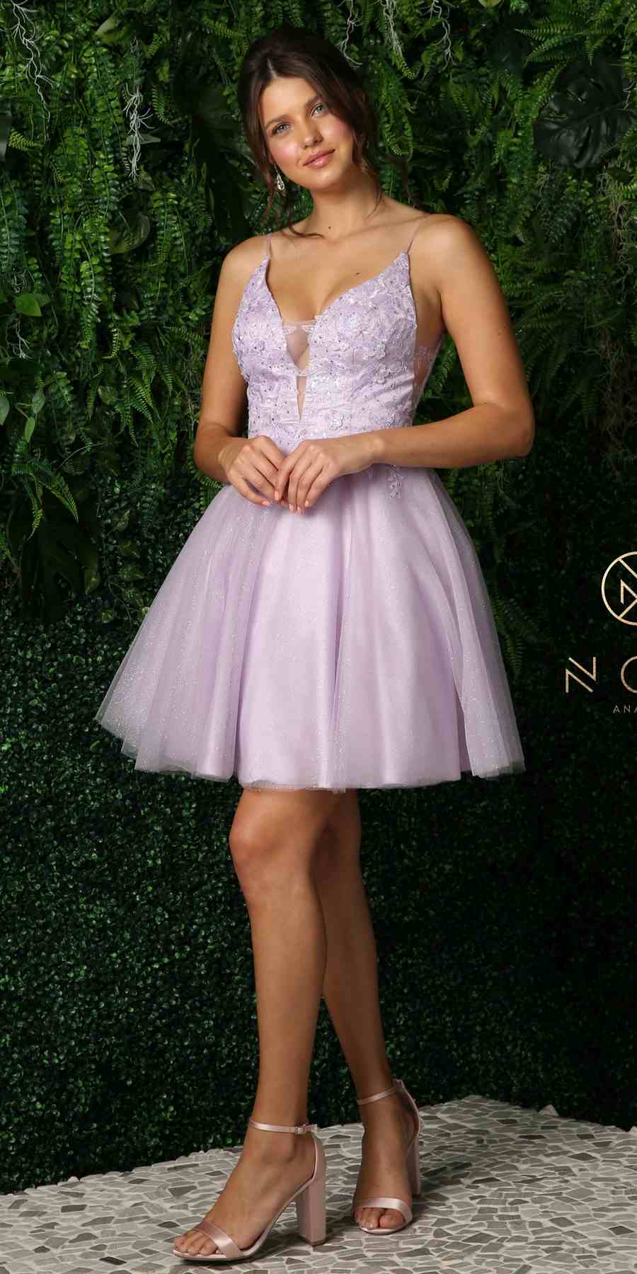 Nox Anabel E779 Plunging V-Neck Embroidered Bodice Short Dress