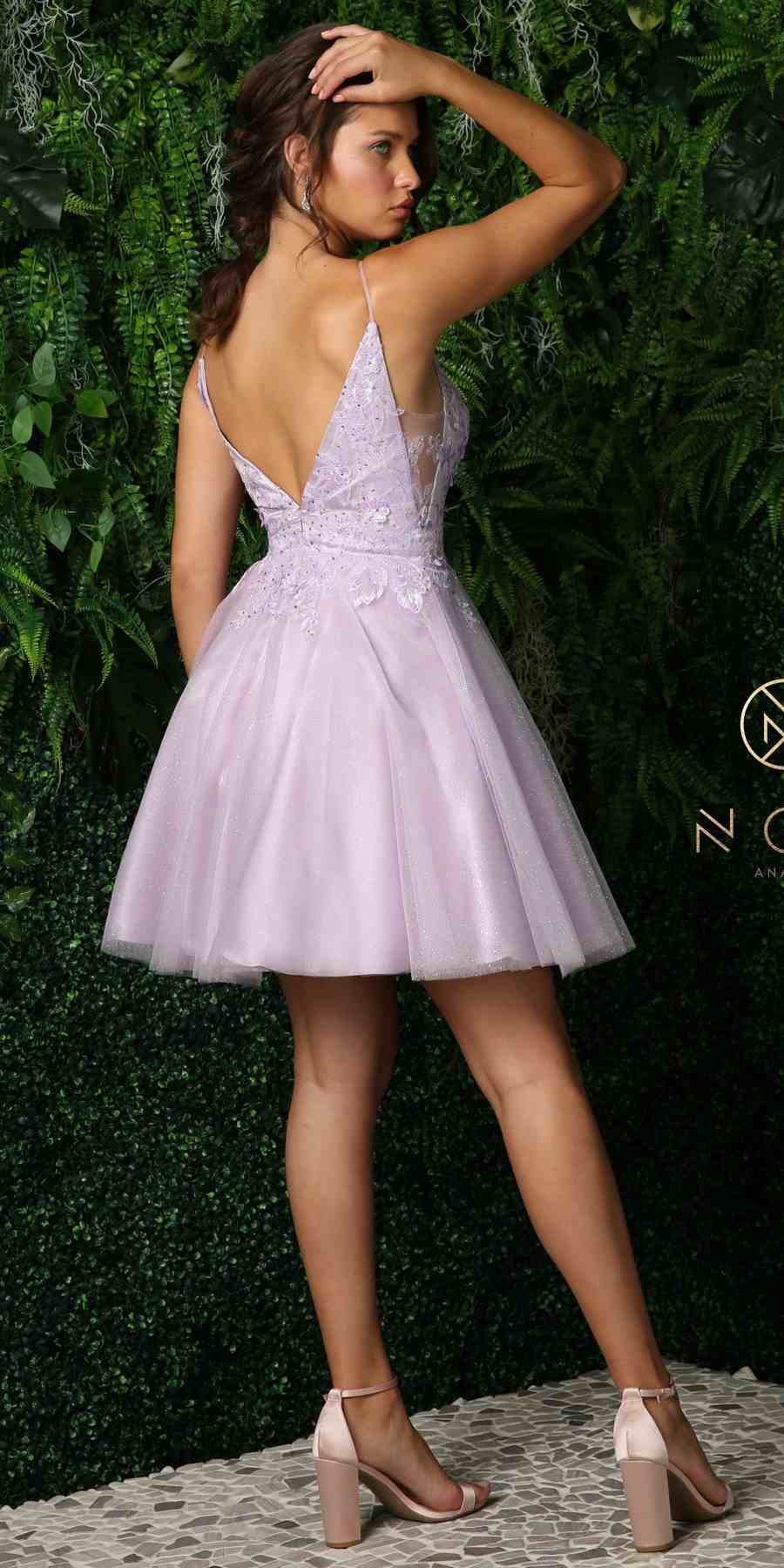 Nox Anabel E779 Plunging V-Neck Embroidered Bodice Short Dress