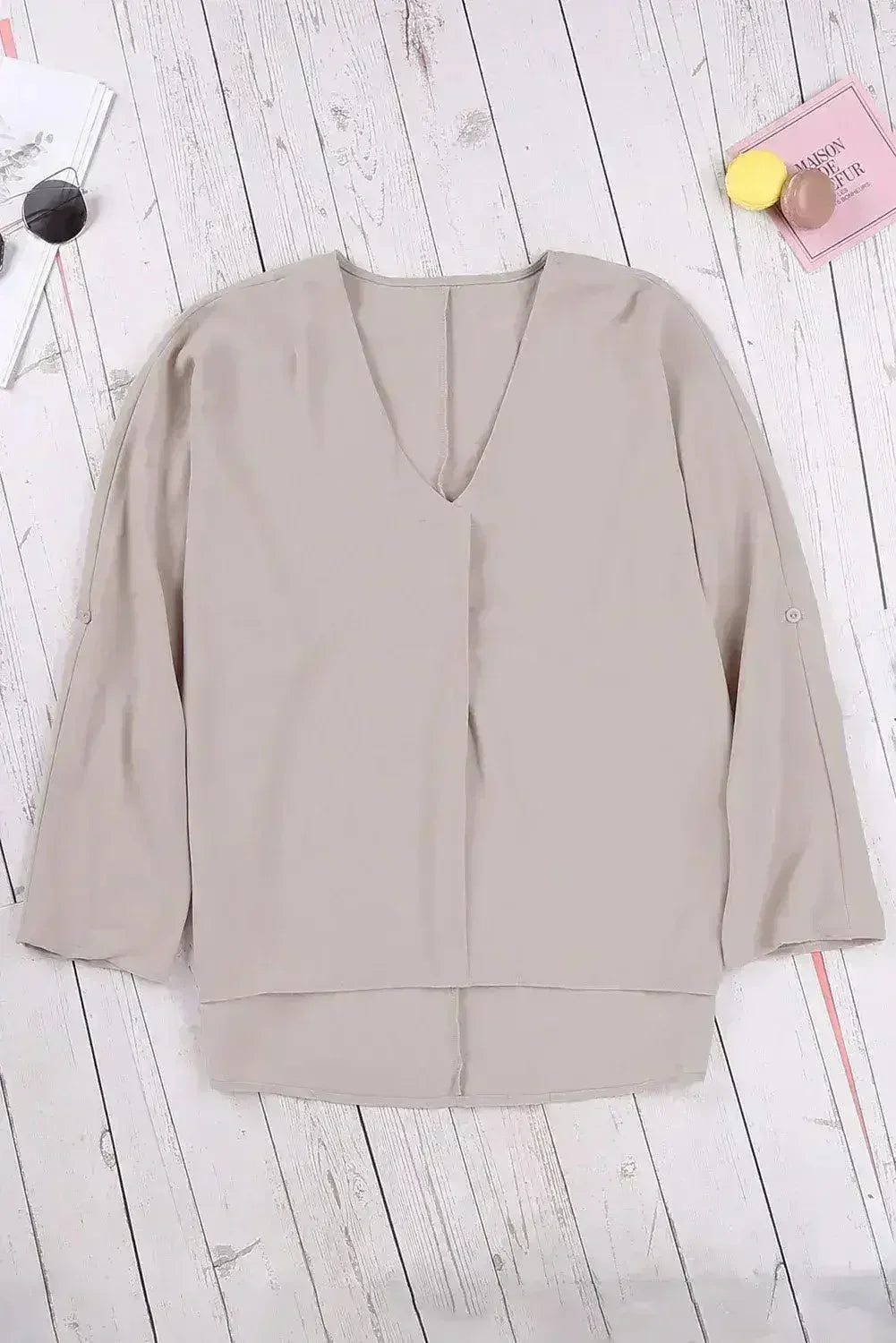Elegant Apricot V Neck 3/4 Sleeve High Low Hem Shirt