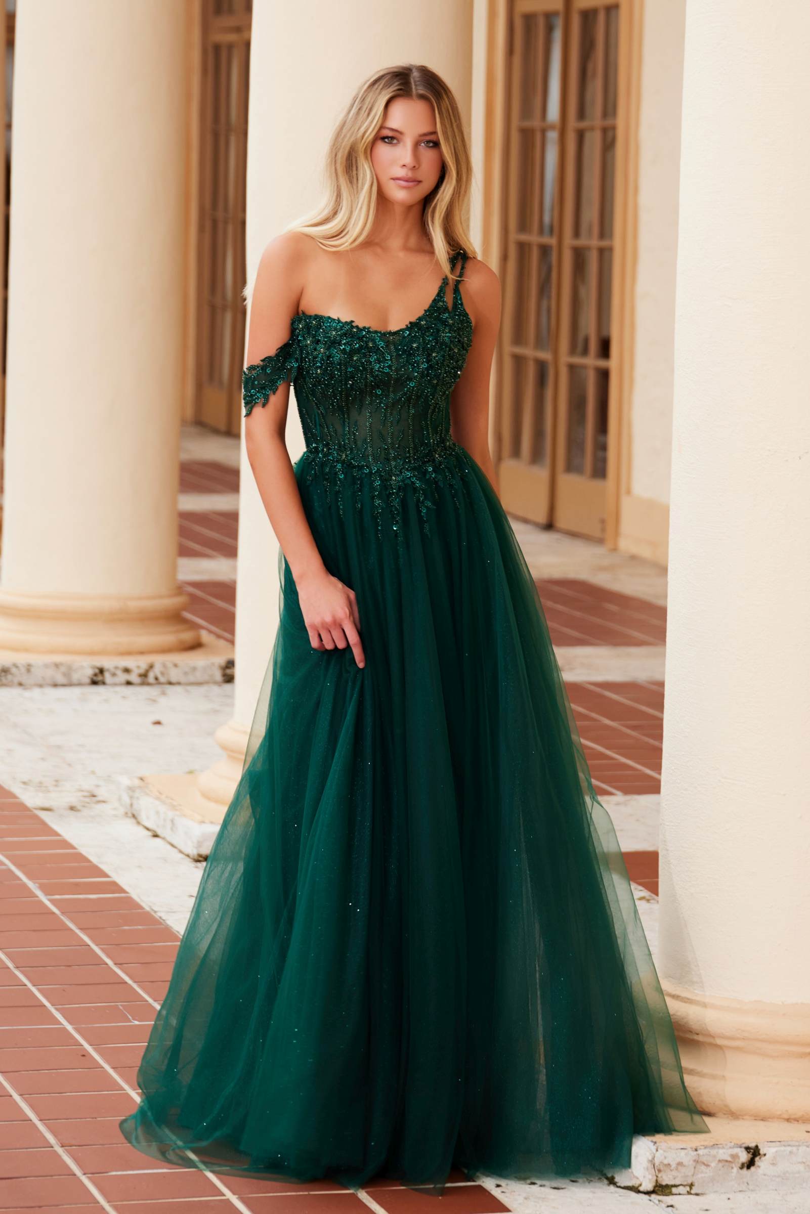 Nox Anabel F1567 Embroidered A-Line Sheer Boned Waistline Dress