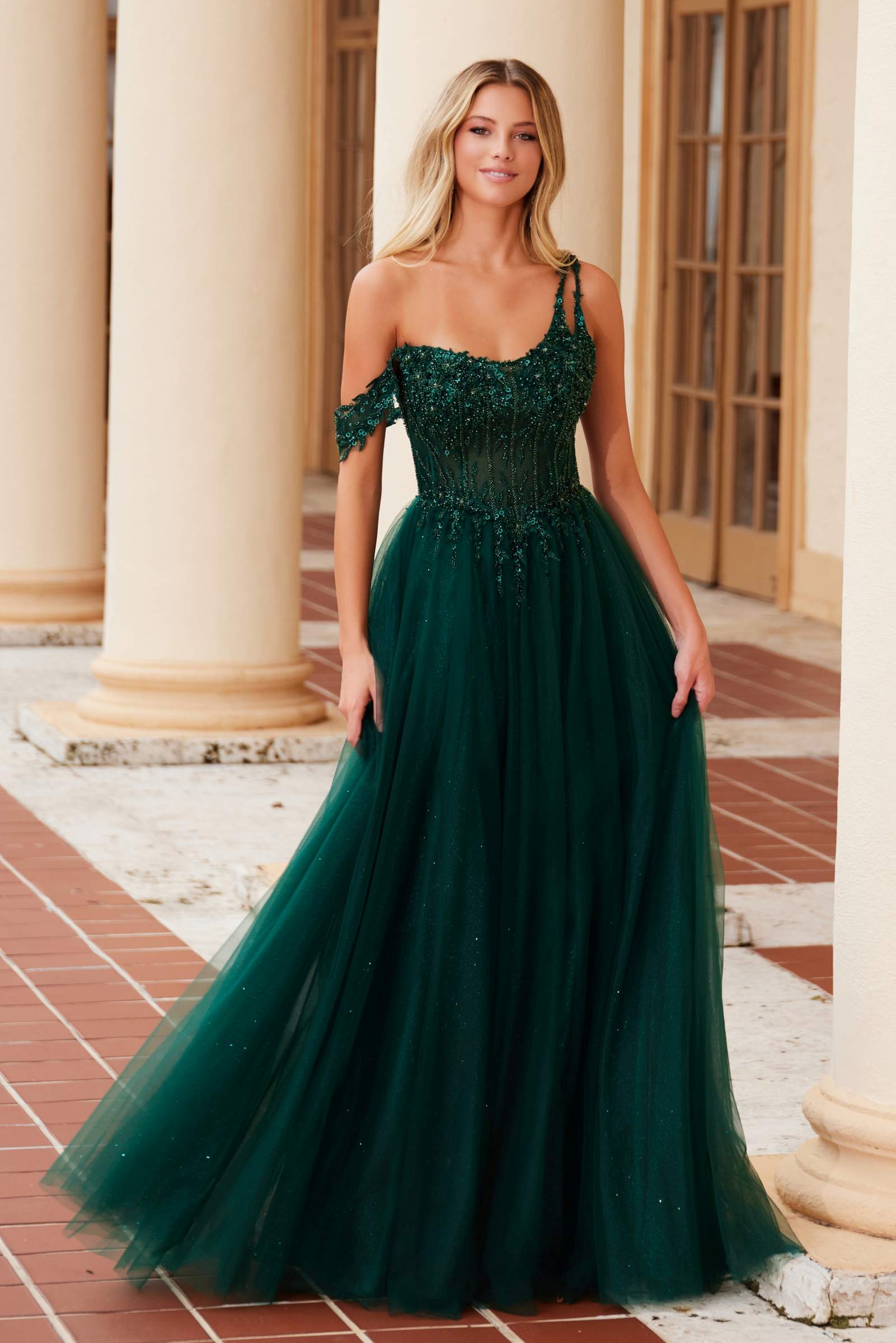 Nox Anabel F1567 Embroidered A-Line Sheer Boned Waistline Dress