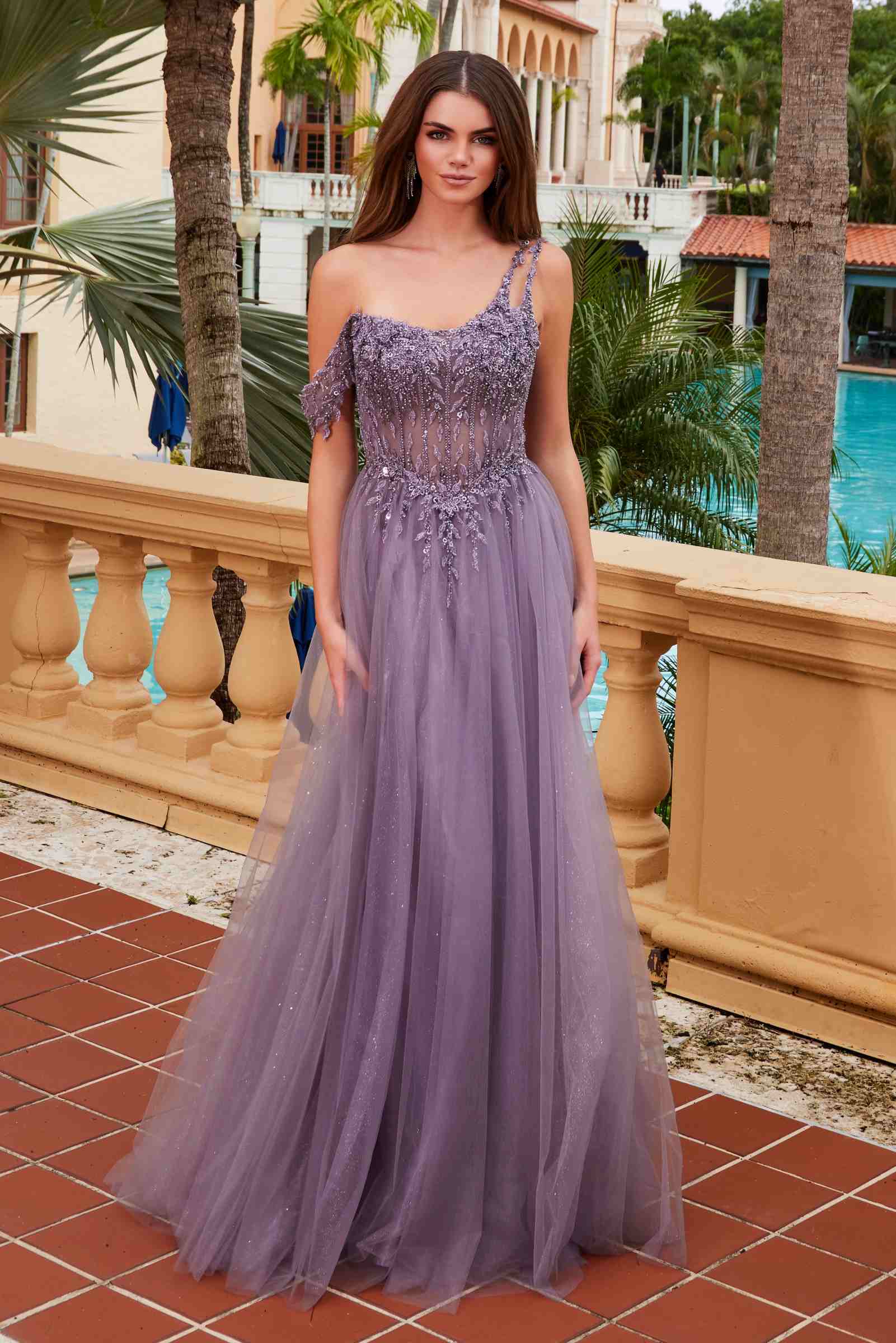 Nox Anabel F1567 Embroidered A-Line Sheer Boned Waistline Dress