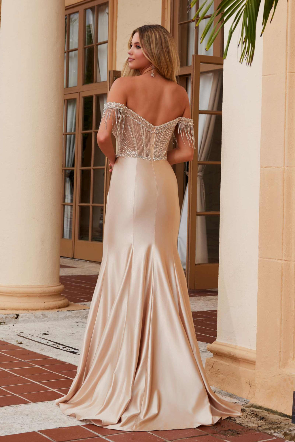 Nox Anabel F1568 Satin Beaded Off-Shoulder Boned Waistline Dress
