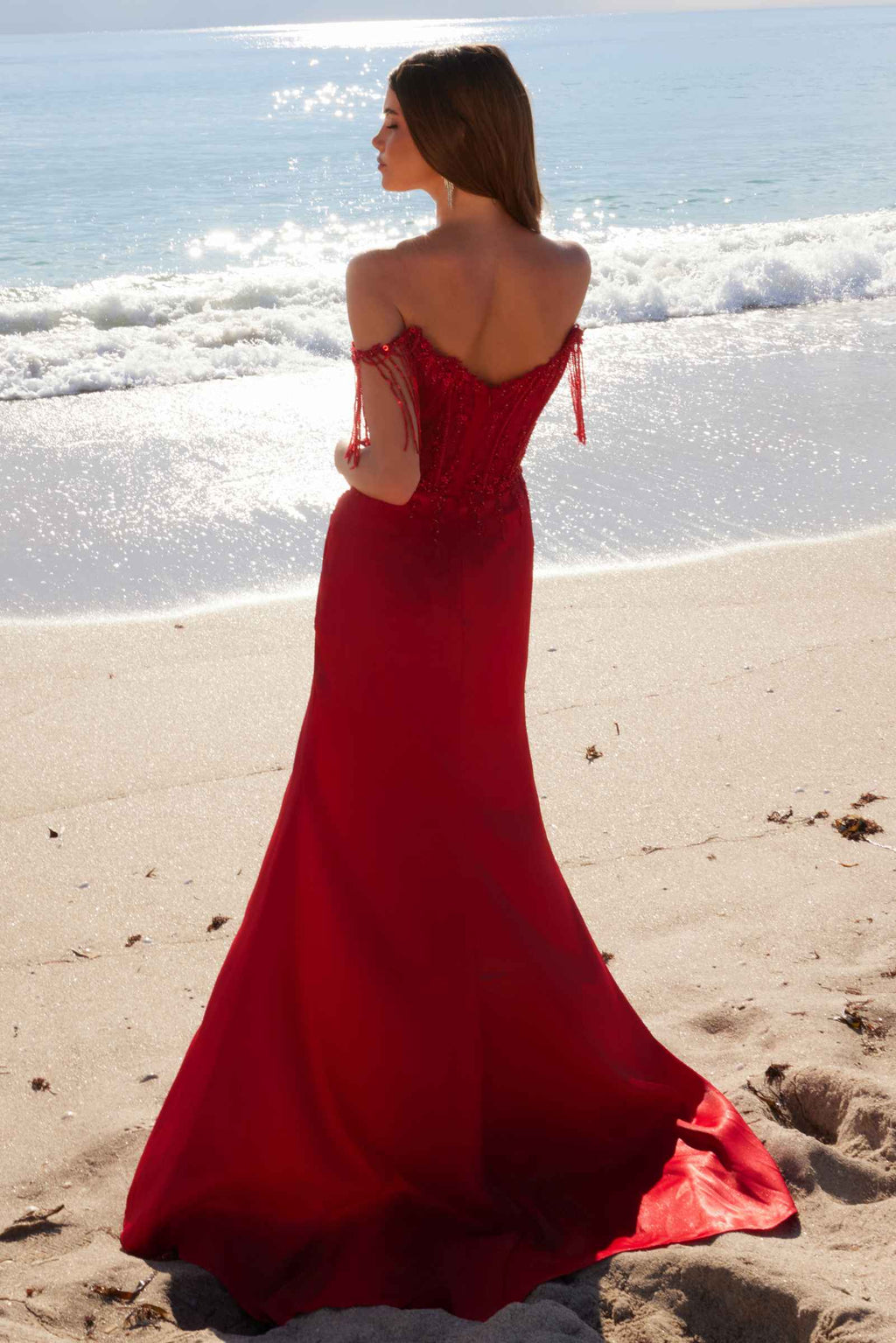 Nox Anabel F1571 Fringed Off-Shoulder Sequin Sweetheart Neckline Dress