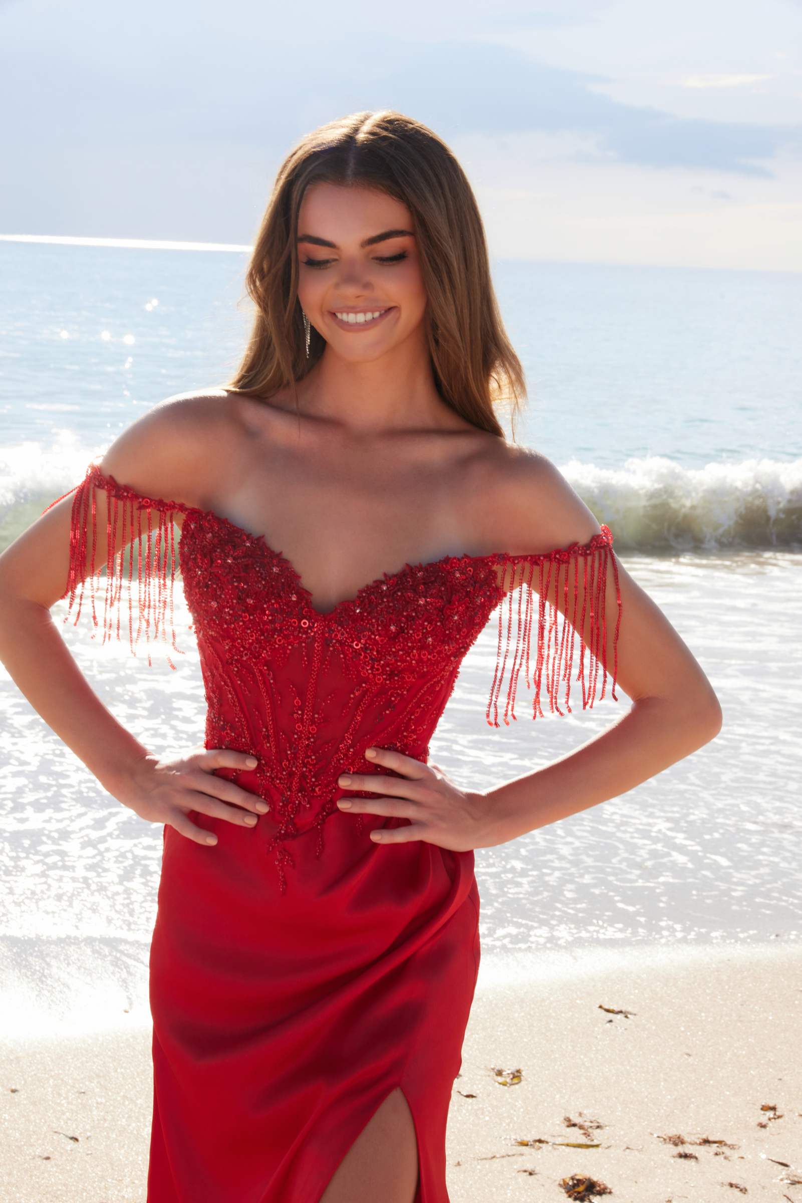 Nox Anabel F1571 Fringed Off-Shoulder Sequin Sweetheart Neckline Dress