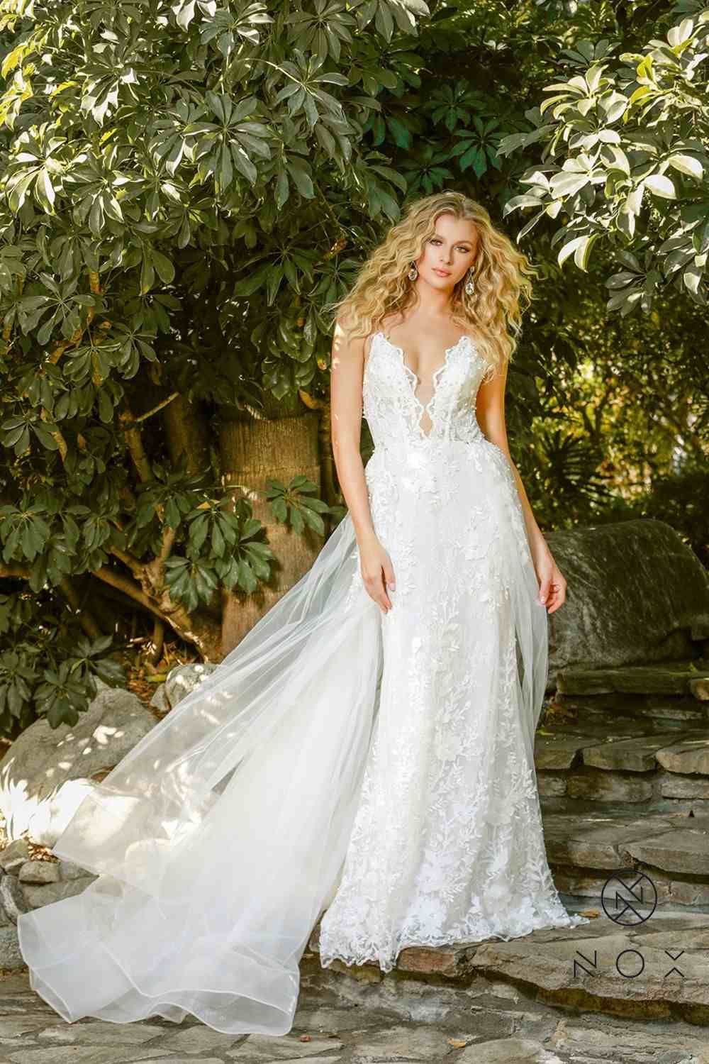 Nox Anabel F485 Lace and Beads Mermaid Gown Chiffon Overskirt