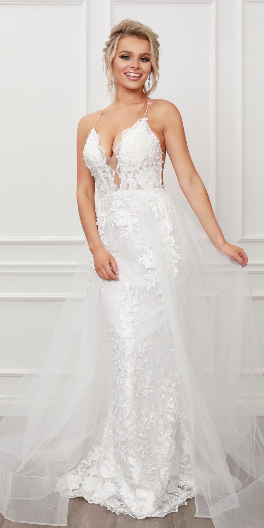 Nox Anabel F485 Lace and Beads Mermaid Gown Chiffon Overskirt