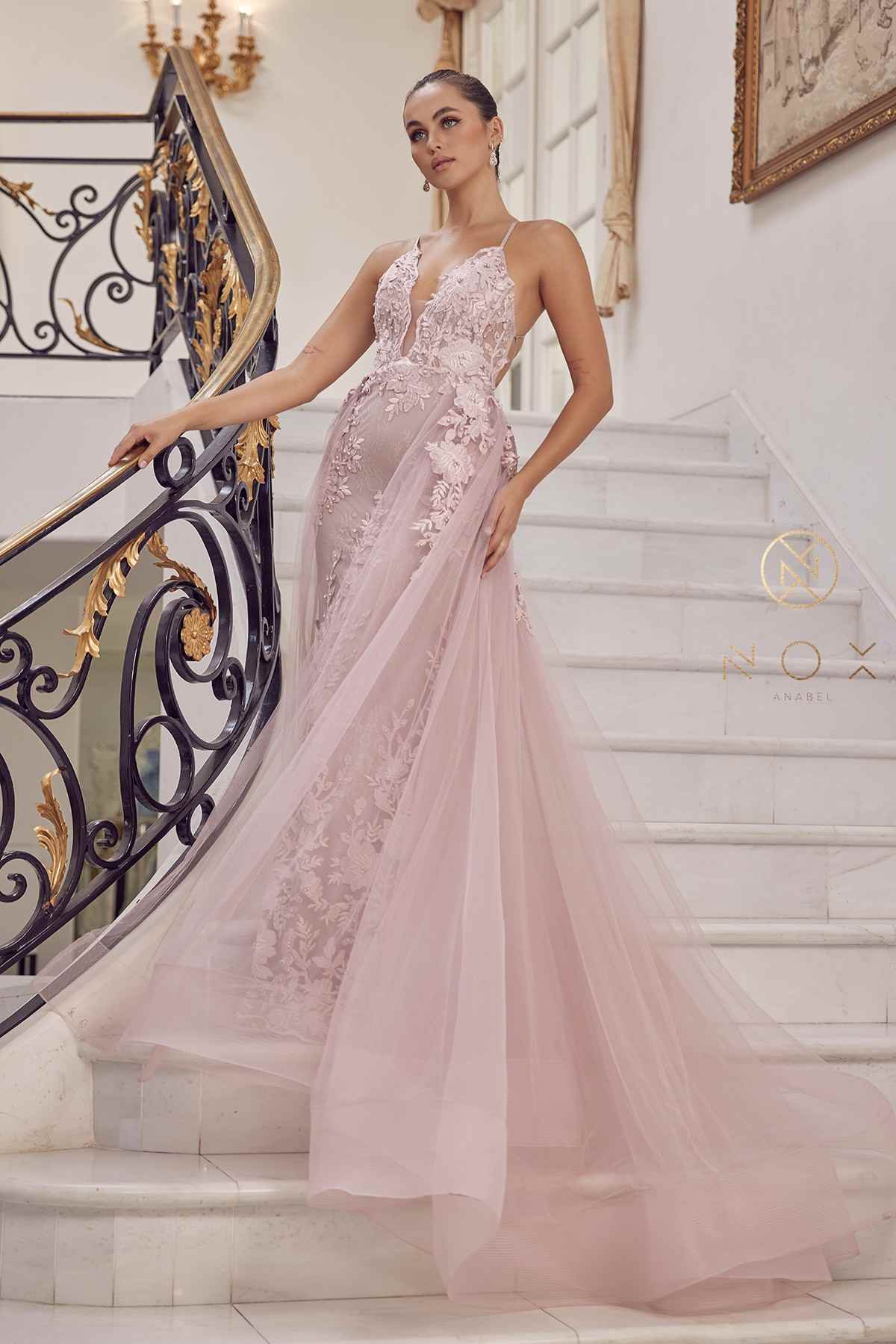 Nox Anabel F485 Lace and Beads Mermaid Gown Chiffon Overskirt