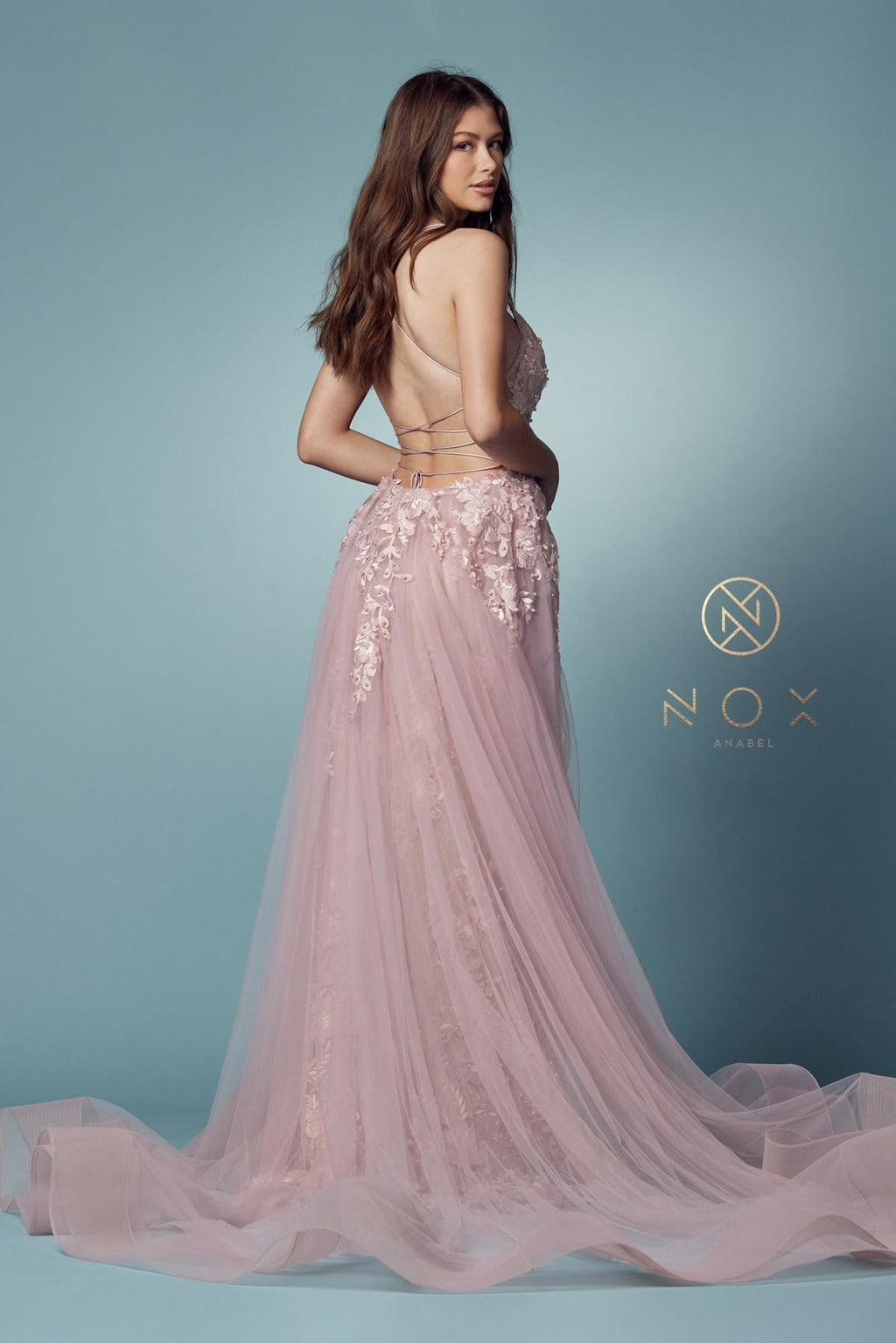 Nox Anabel F485 Lace and Beads Mermaid Gown Chiffon Overskirt