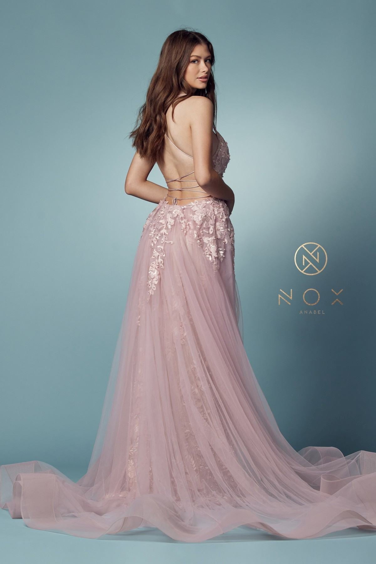 Nox Anabel F485 Lace and Beads Mermaid Gown Chiffon Overskirt