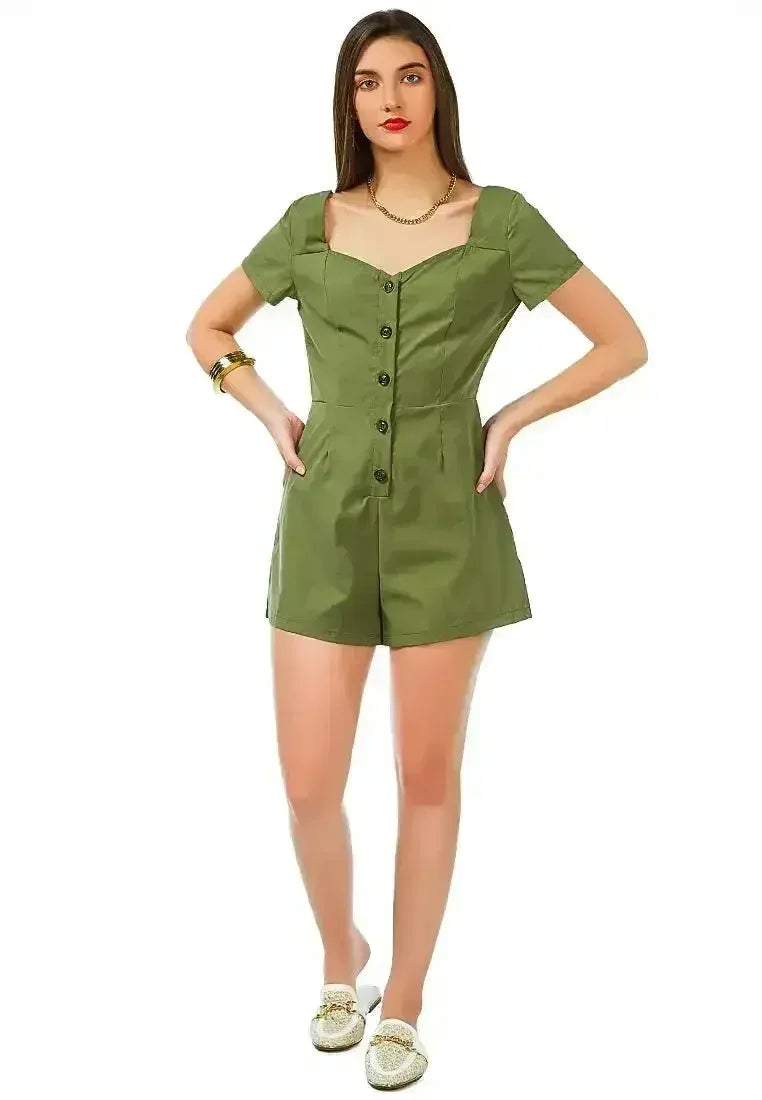 Fair Play Button-Up Romper – Stylish Scoop Neck Playsuit | Femstylo