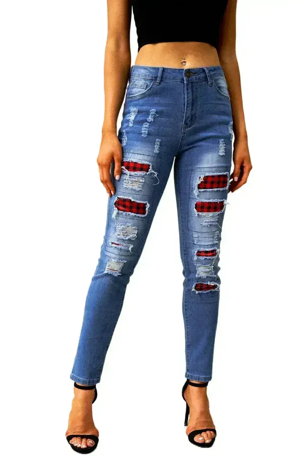 Fashion Blue Ripped Plaid Straight Legs Boyfriend Jeans
