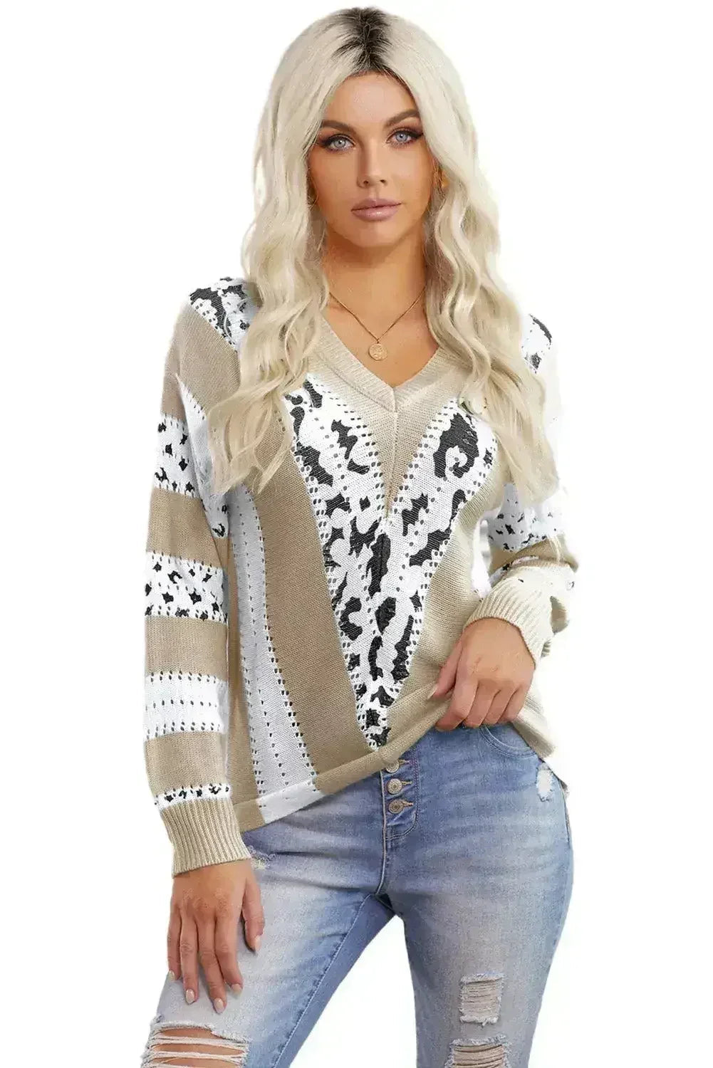 Khaki Animal Print Sweater - Leopard Accent V-Neck Pullover | Femstylo