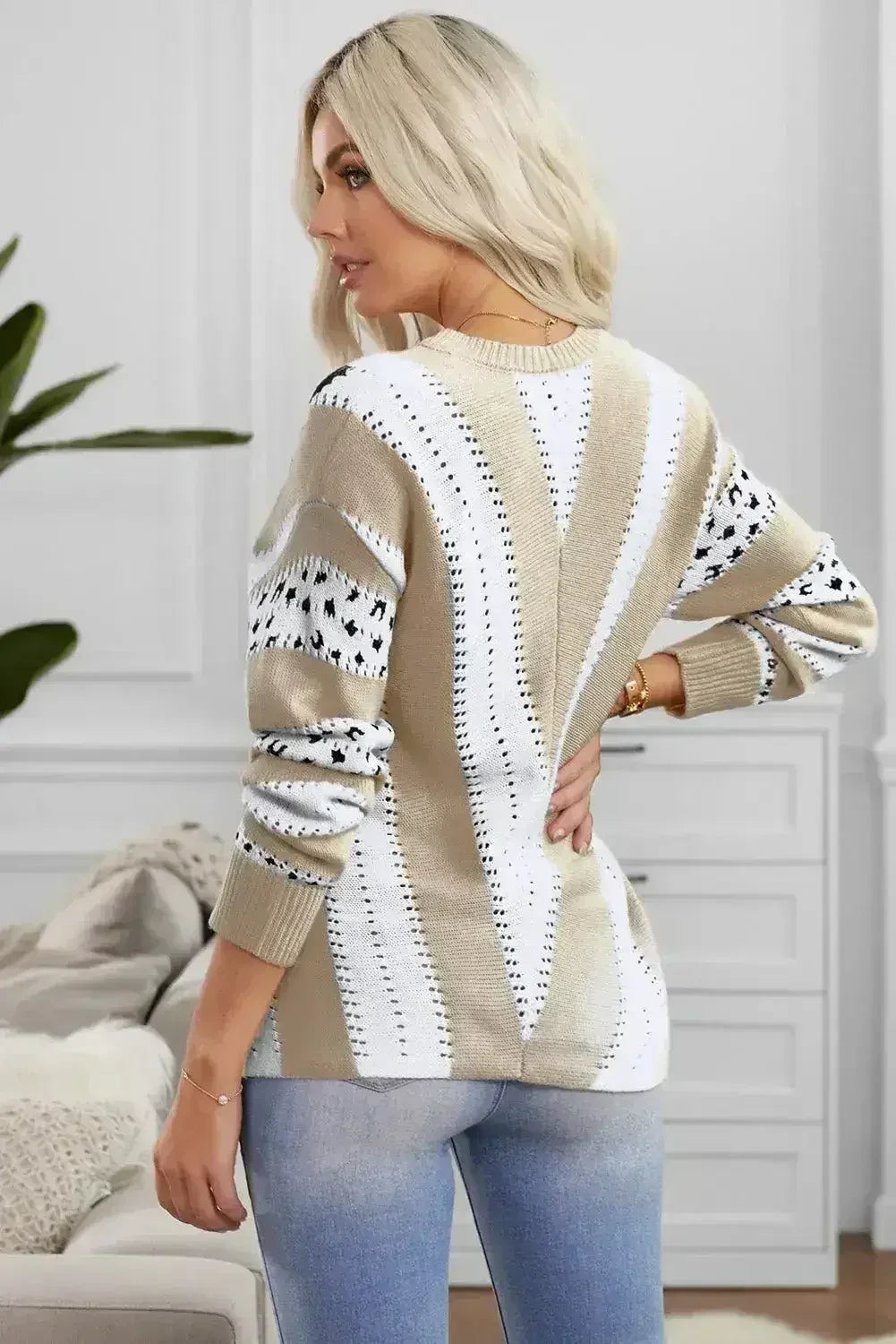 Khaki Animal Print Sweater - Leopard Accent V-Neck Pullover | Femstylo