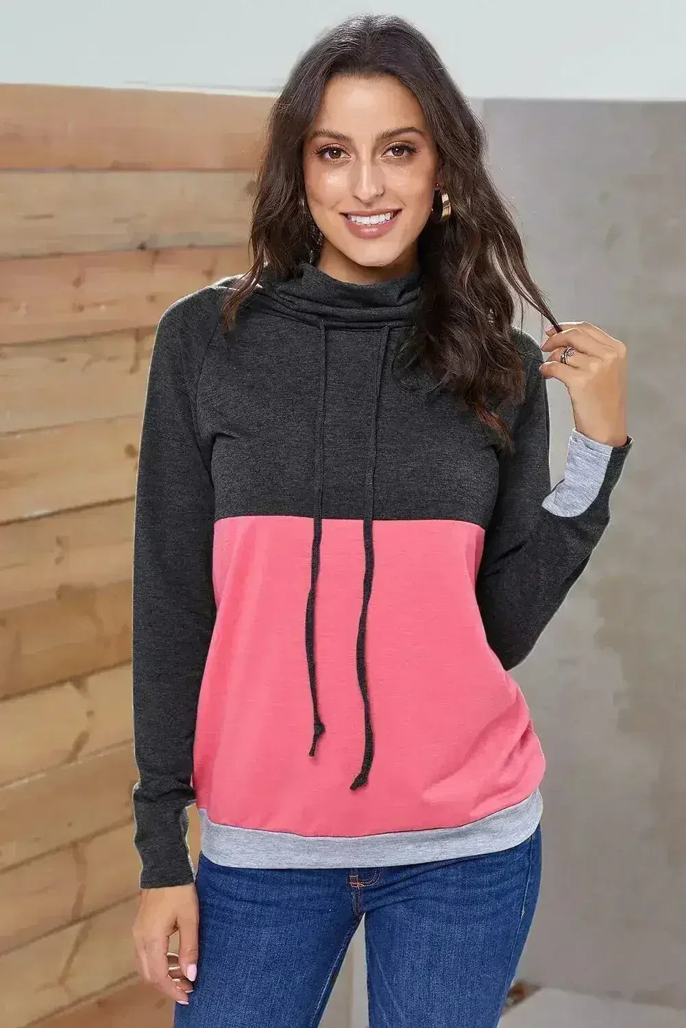 Fashion Charcoal Pink Colorblock Thumbhole Sleeved Sweatshirt