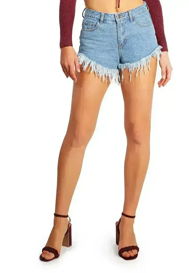 Destroyed Hem Denim Shorts | Rhinestone Patch Denim Shorts - femstylo
