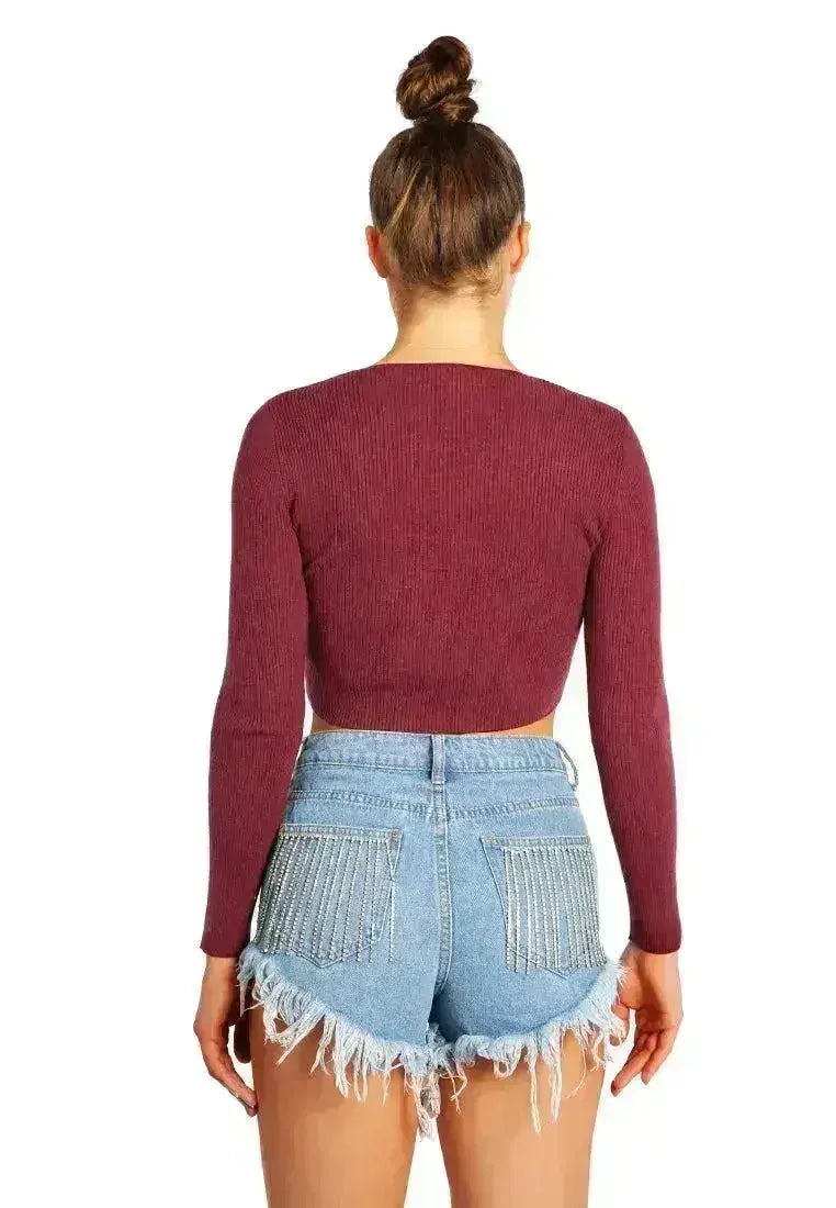 Destroyed Hem Denim Shorts | Rhinestone Patch Denim Shorts - femstylo
