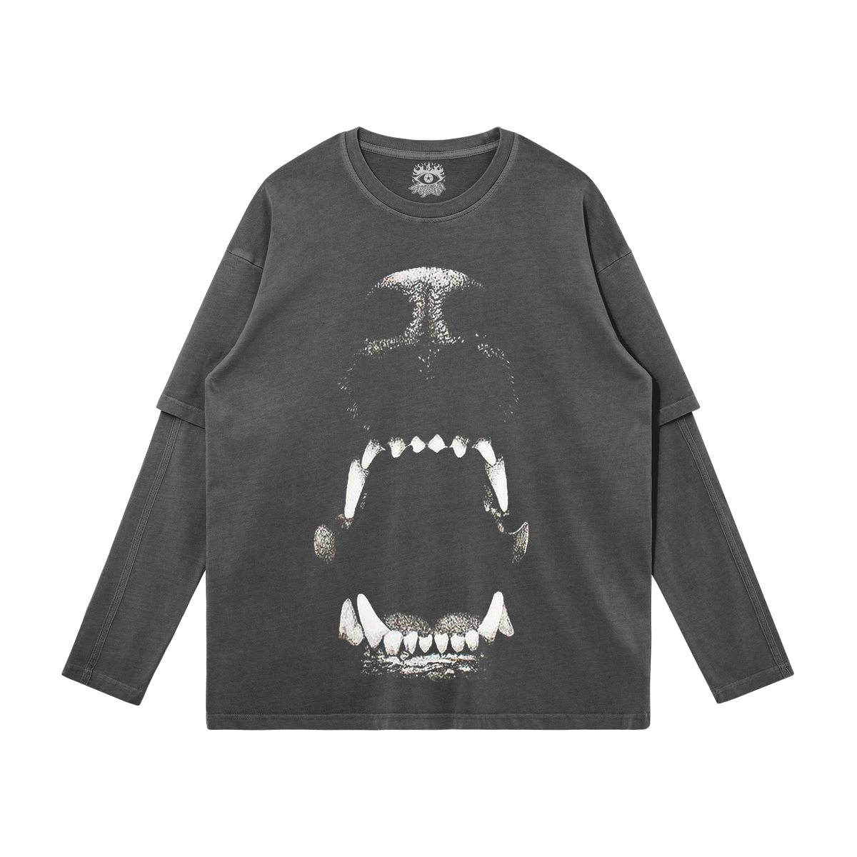 Dog Bite Streetwear Faux Layered Long Sleeve Tee In Faded Dark Grey 230 GSM Durable True To Size