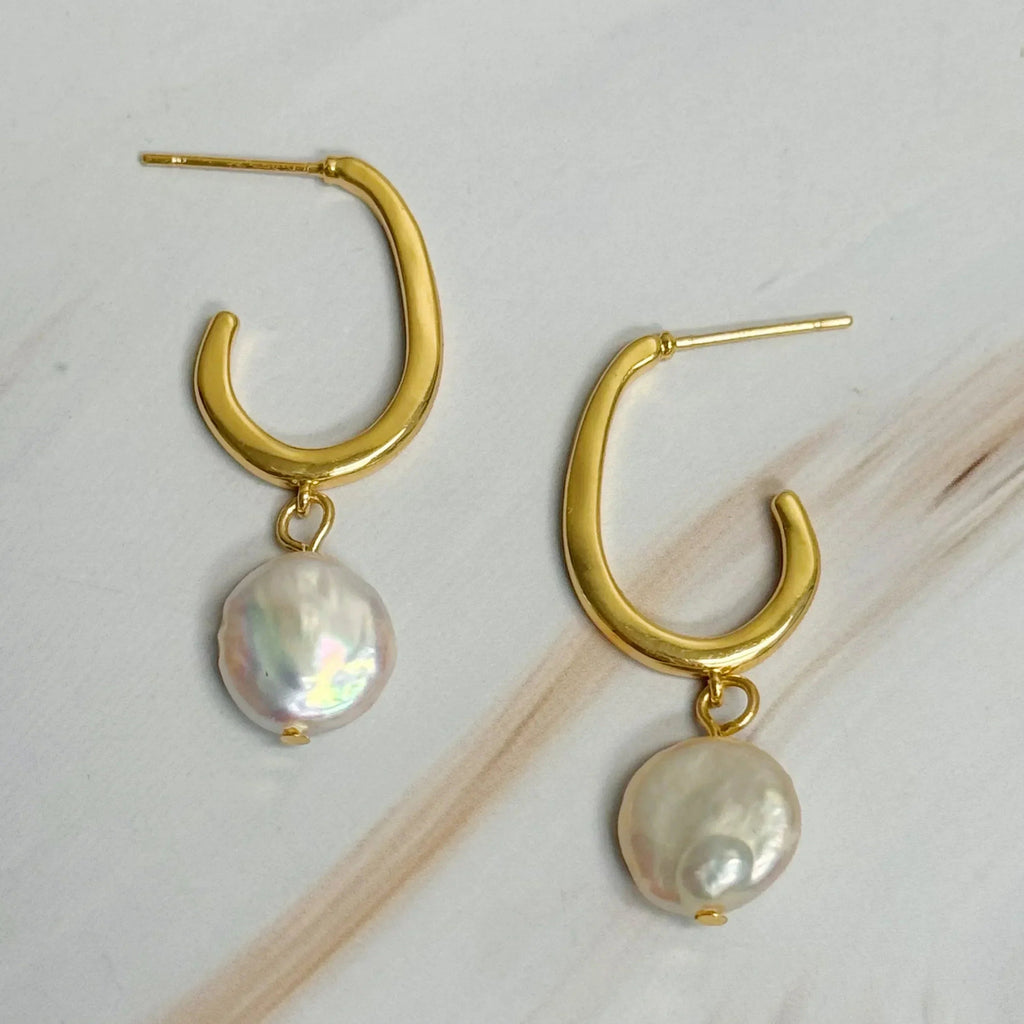 Dangle Pearl Gold Hoop Earrings