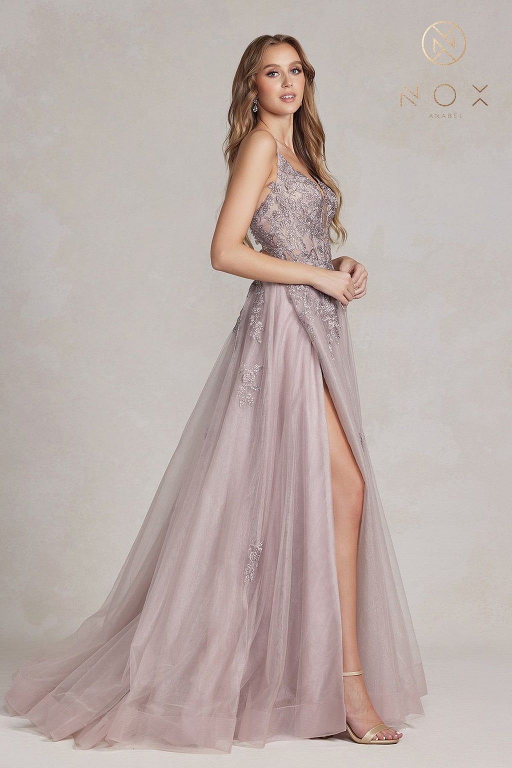 Nox Anabel G1149 Floor Length A-Line Tulle Gown with Slit