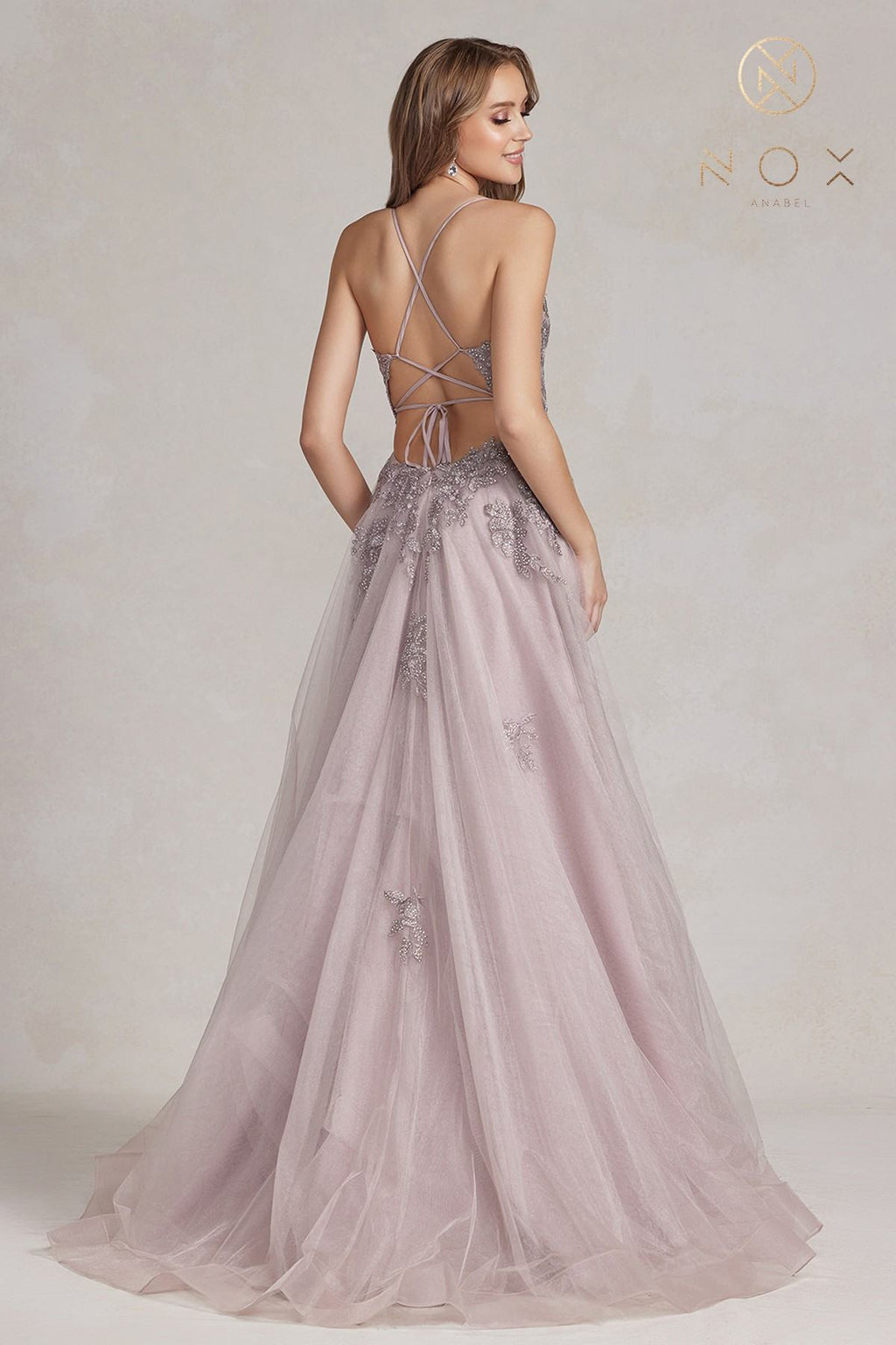 Nox Anabel G1149 Floor Length A-Line Tulle Gown with Slit