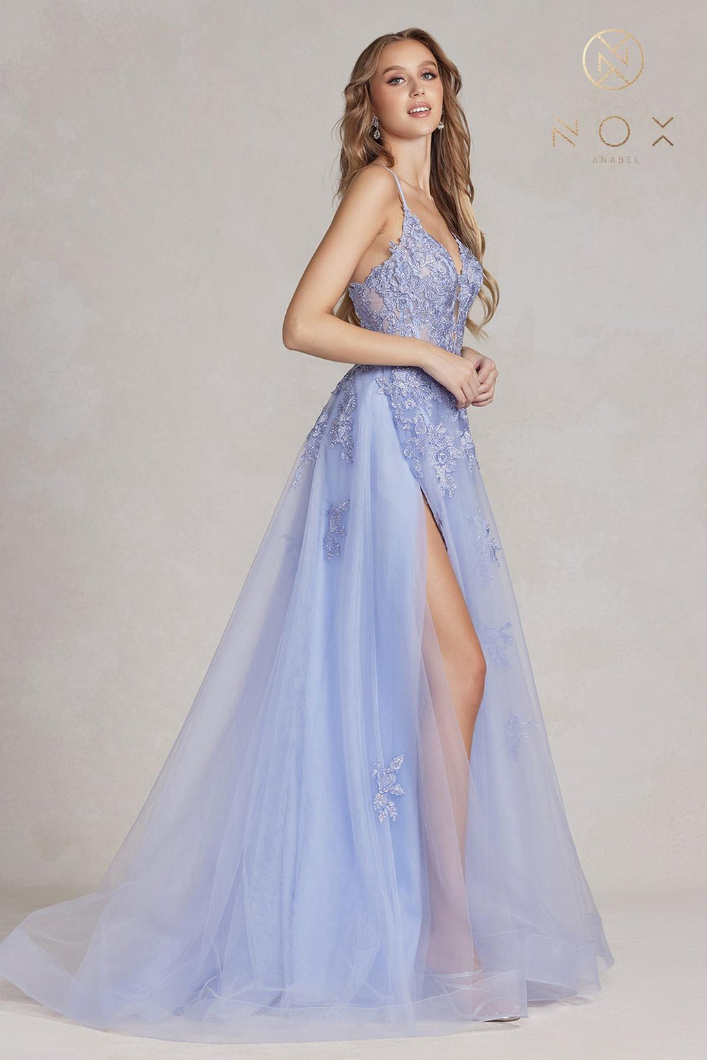 Nox Anabel G1149 Floor Length A-Line Tulle Gown with Slit