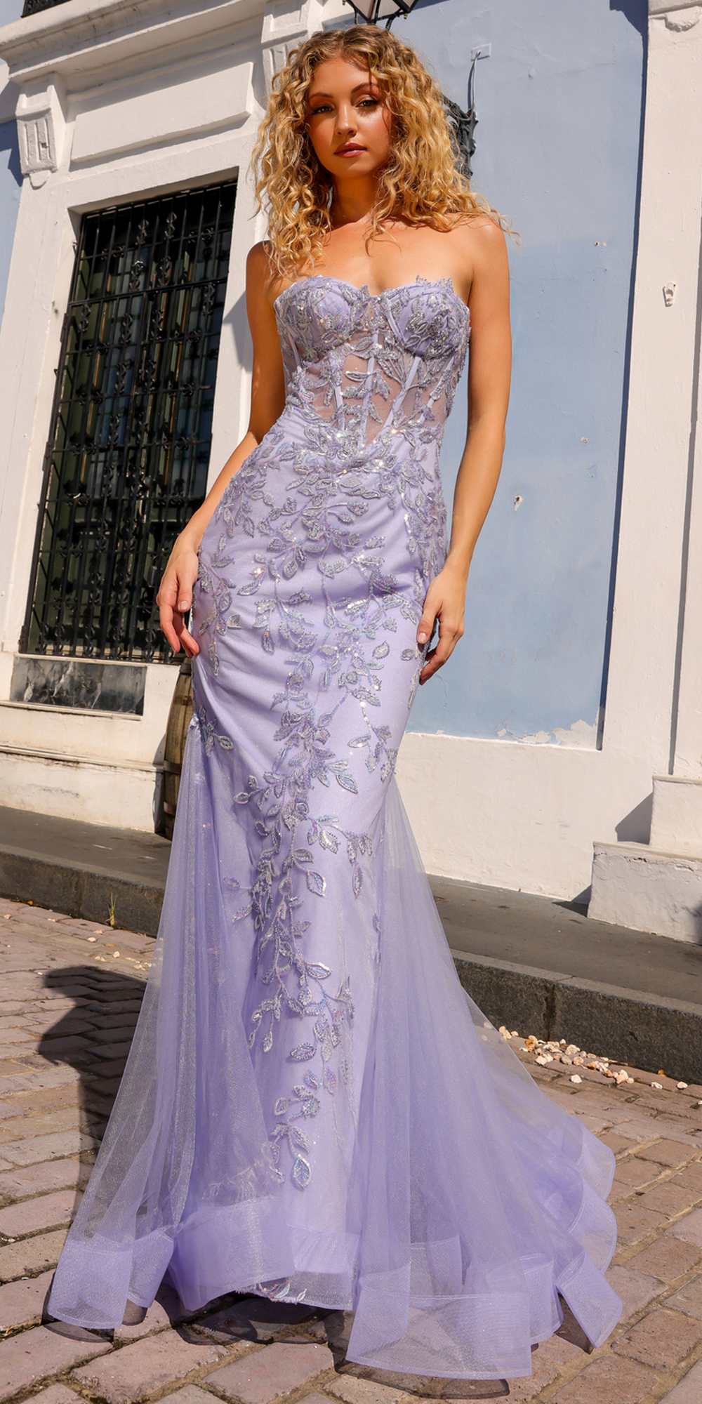 Nox Anabel G1258 Strapless Lace Applique Corset Bodice Mermaid Gown