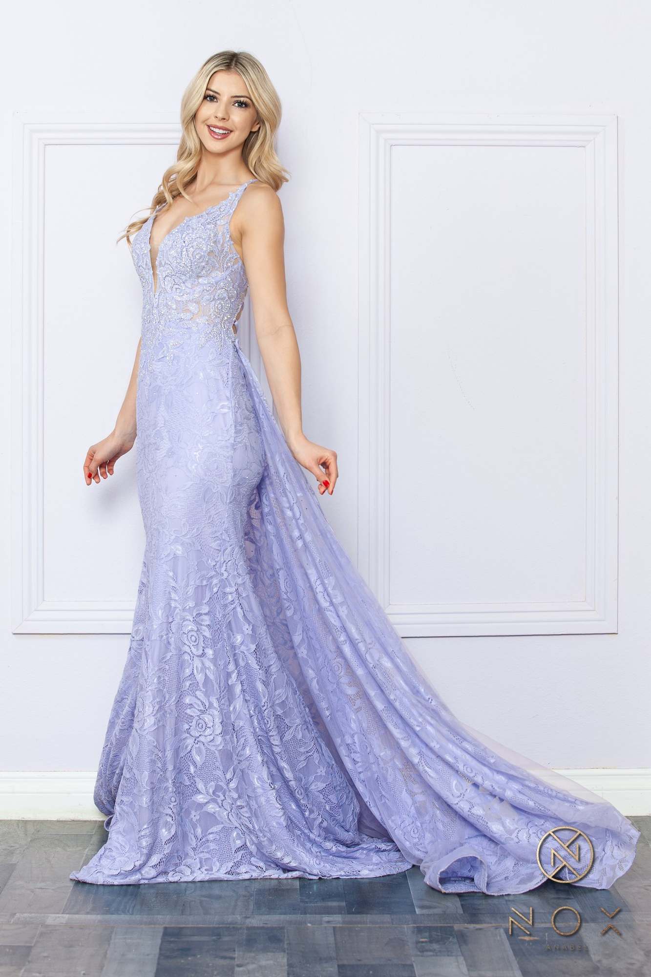 Nox Anabel G1353 Long Boho Inspired Embroidered V-Neck Mermaid Gown