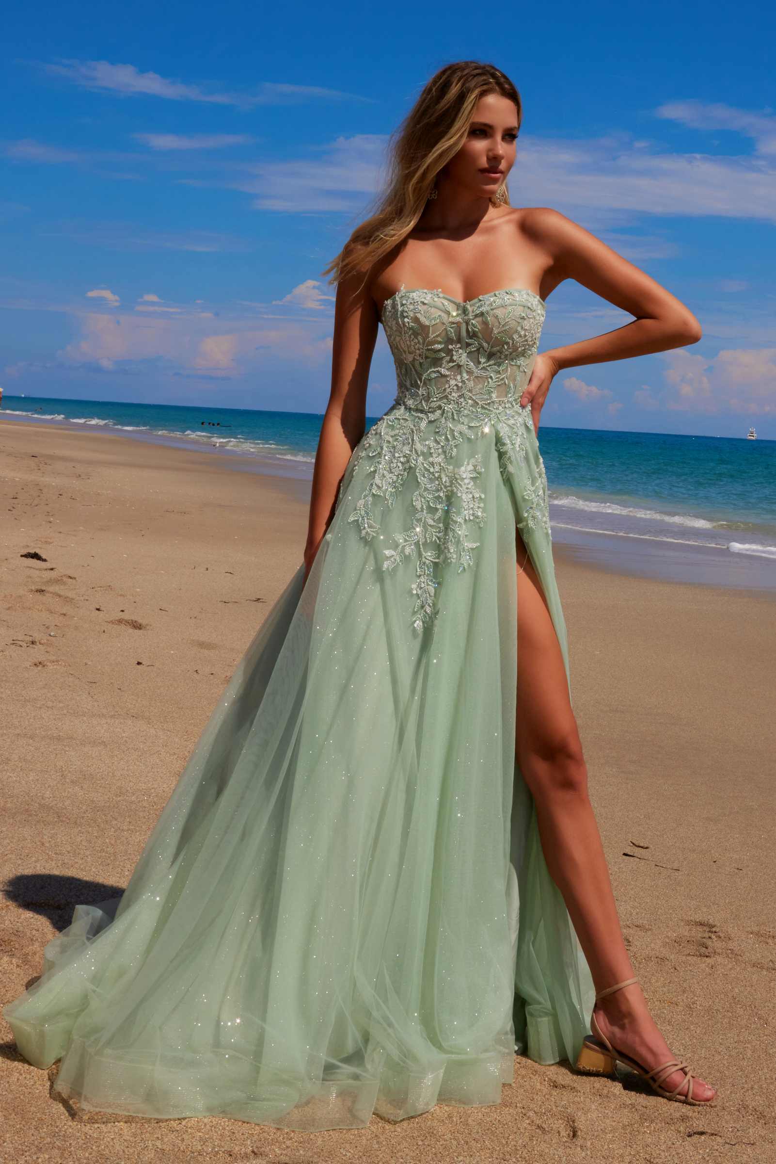 Nox Anabel G1371 Long A-Line Tulle Dress With A Sweetheart Top Sequin Applique